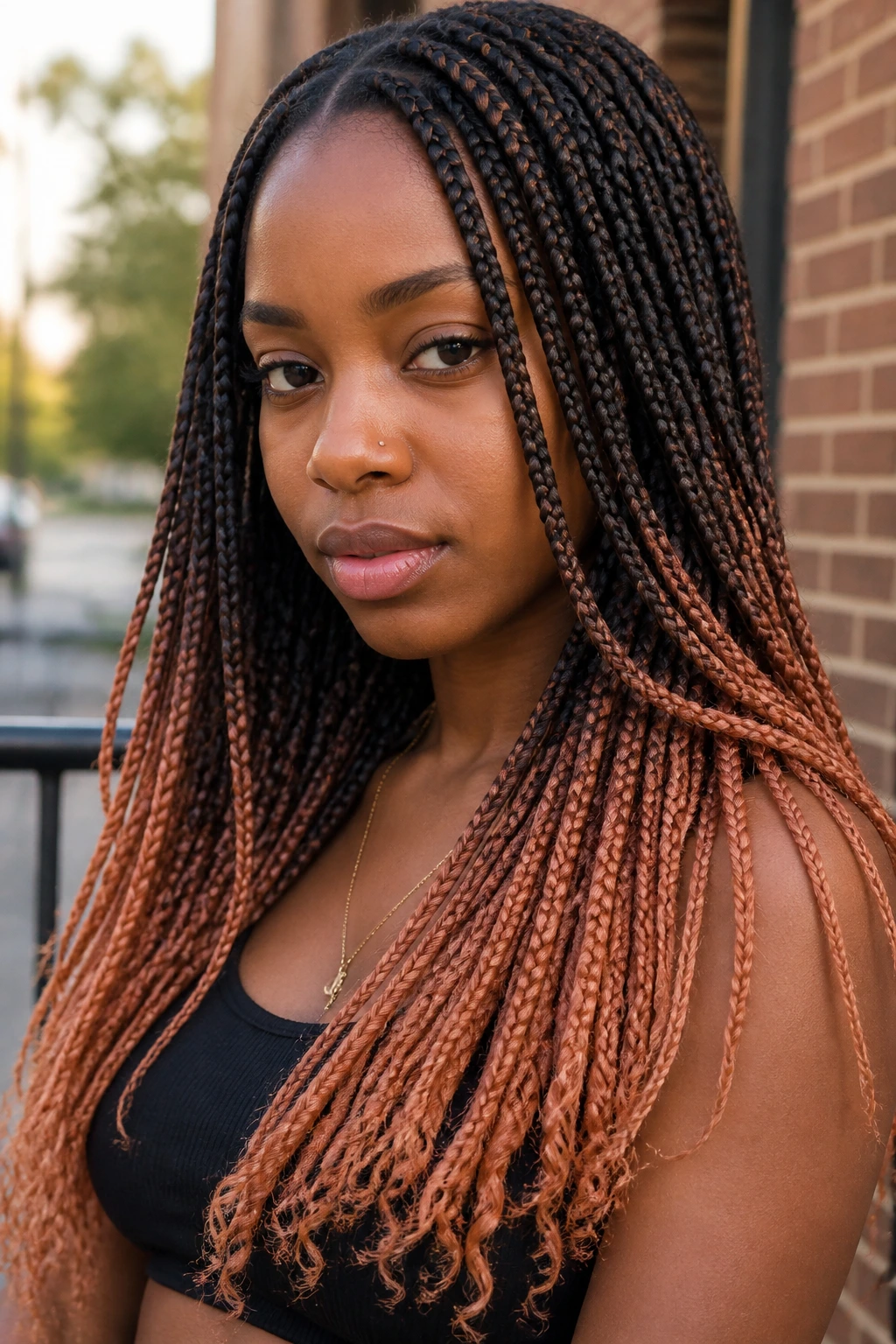Close-up of knotless braids with bronze peach tips on a real person