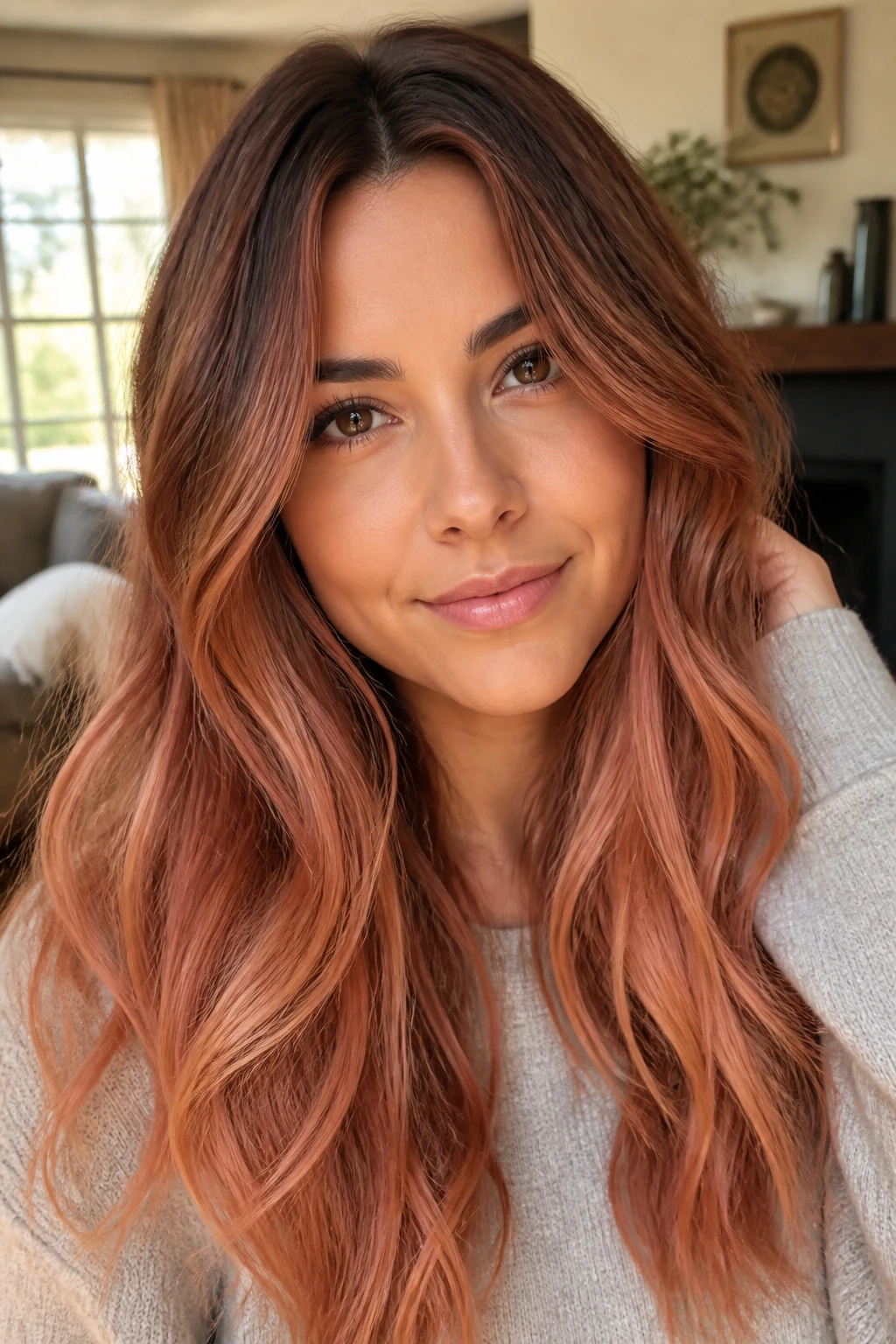 Close-up of brunette with bronze to peach melt gradient.