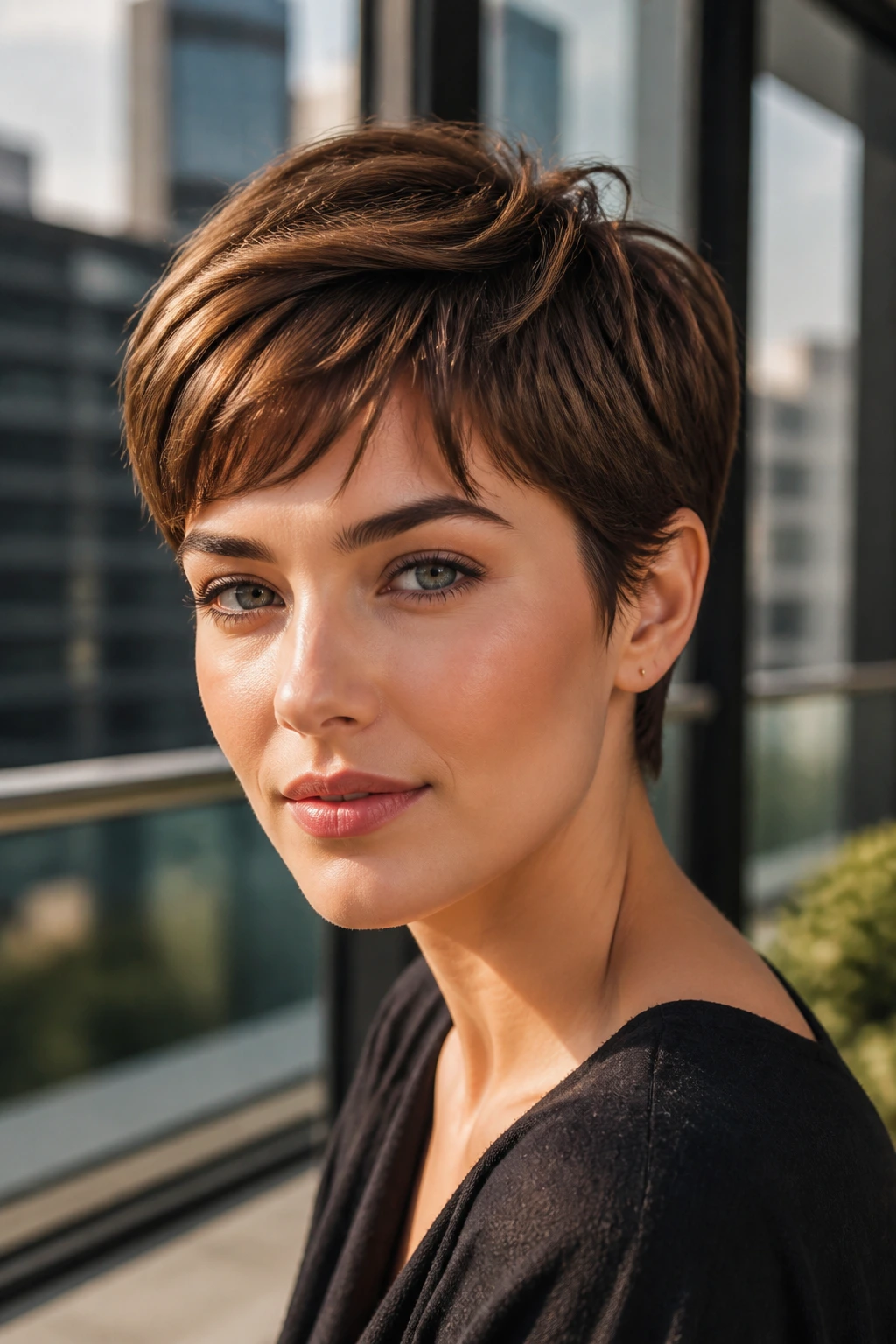 Close-up portrait of a person with bronze pixie crop and soft edge highlights