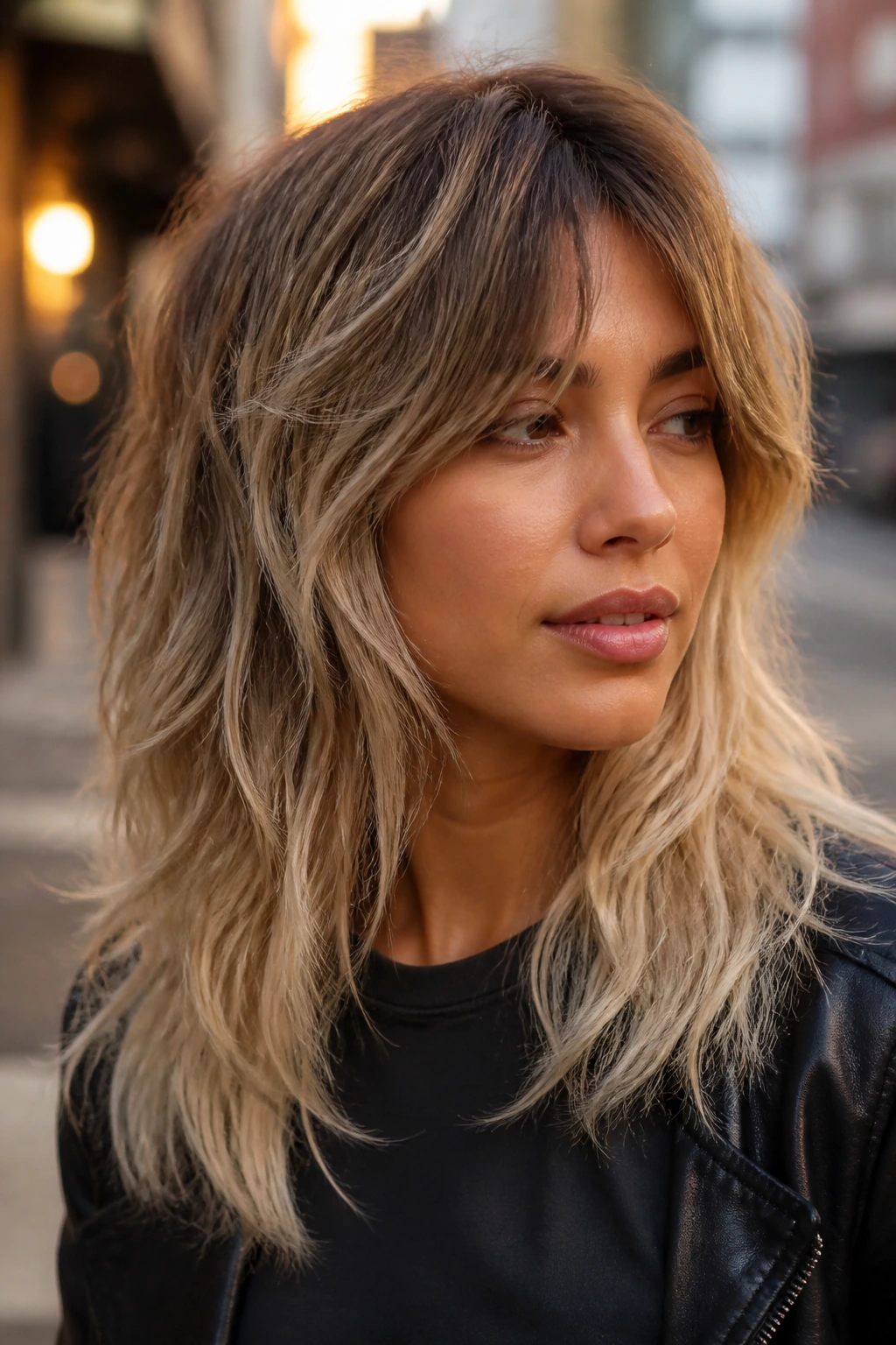 Bronze-to-platinum shag with textured layers in a close portrait