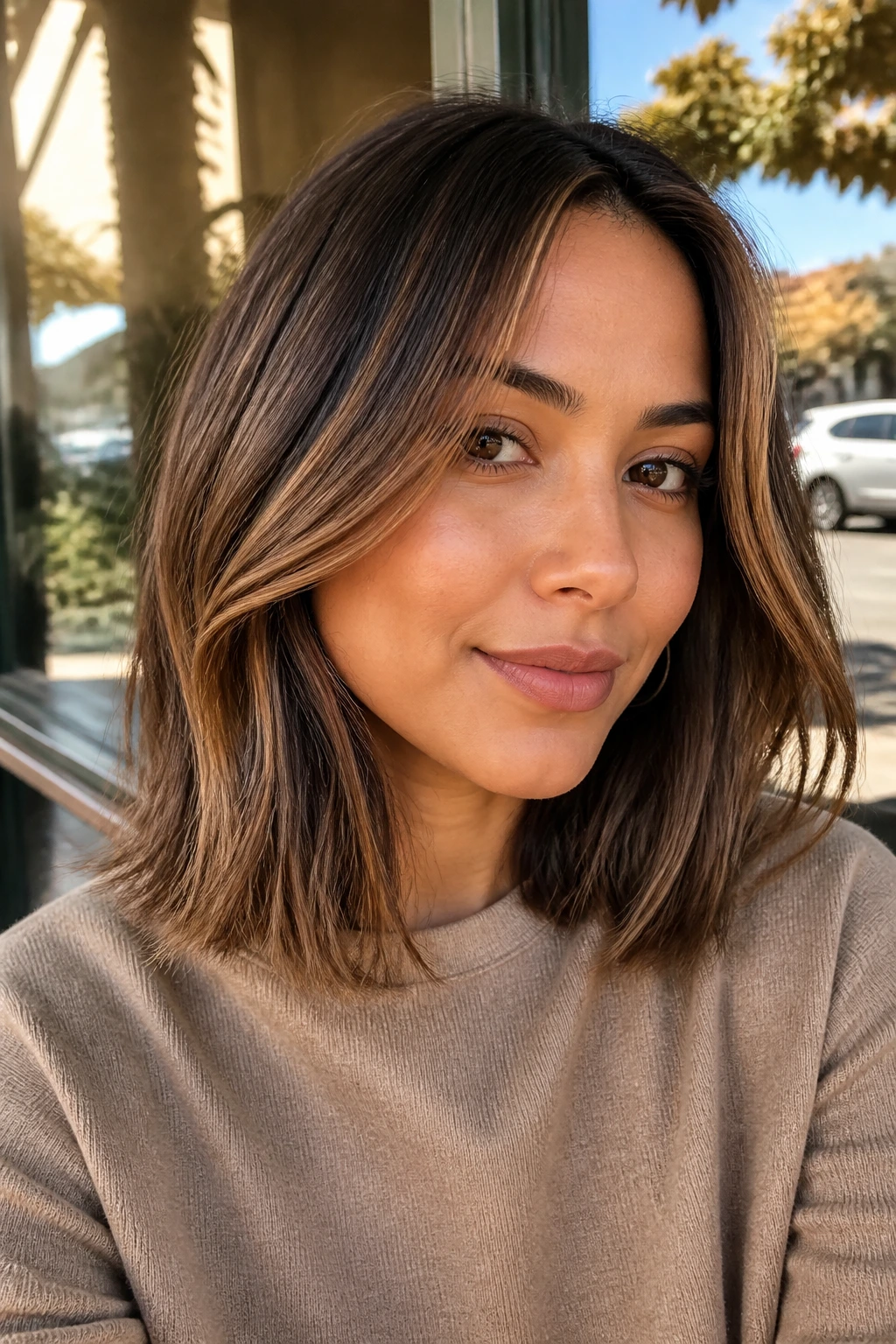 Shoulder-length lob with bronze ribbon highlights on a real person.