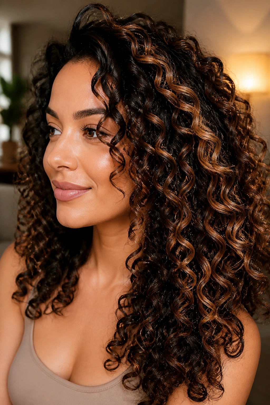 Close-up of curly hair with burnished bronze ribbons woven through curls