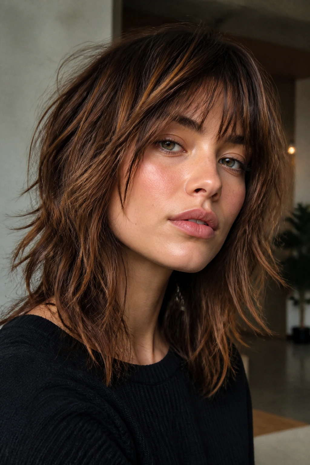 Close-up of a real person with bronze-highlighted shag haircut showing piecey texture.