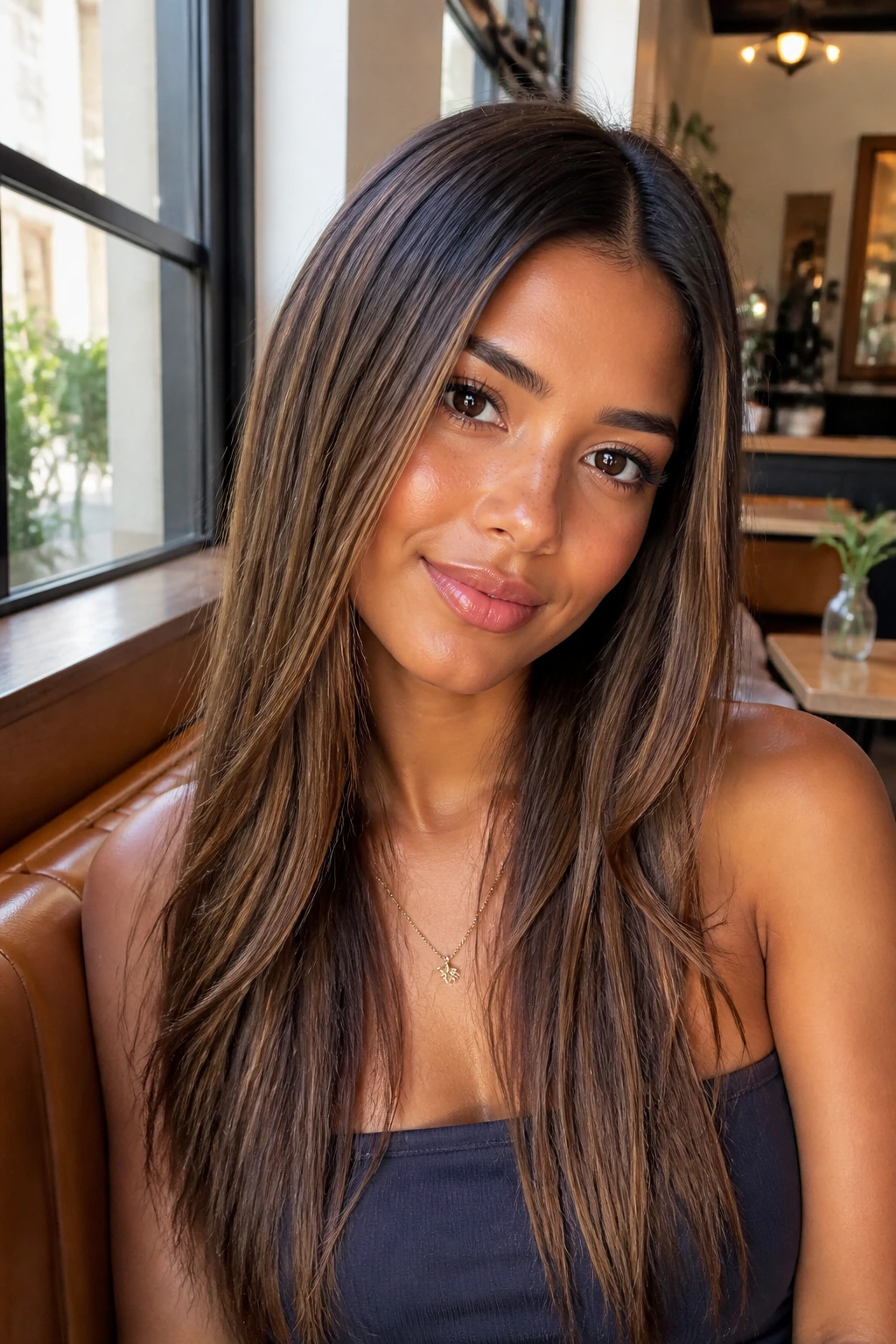 Portrait of a woman with glossy bronze babylights and center-parted straight hair