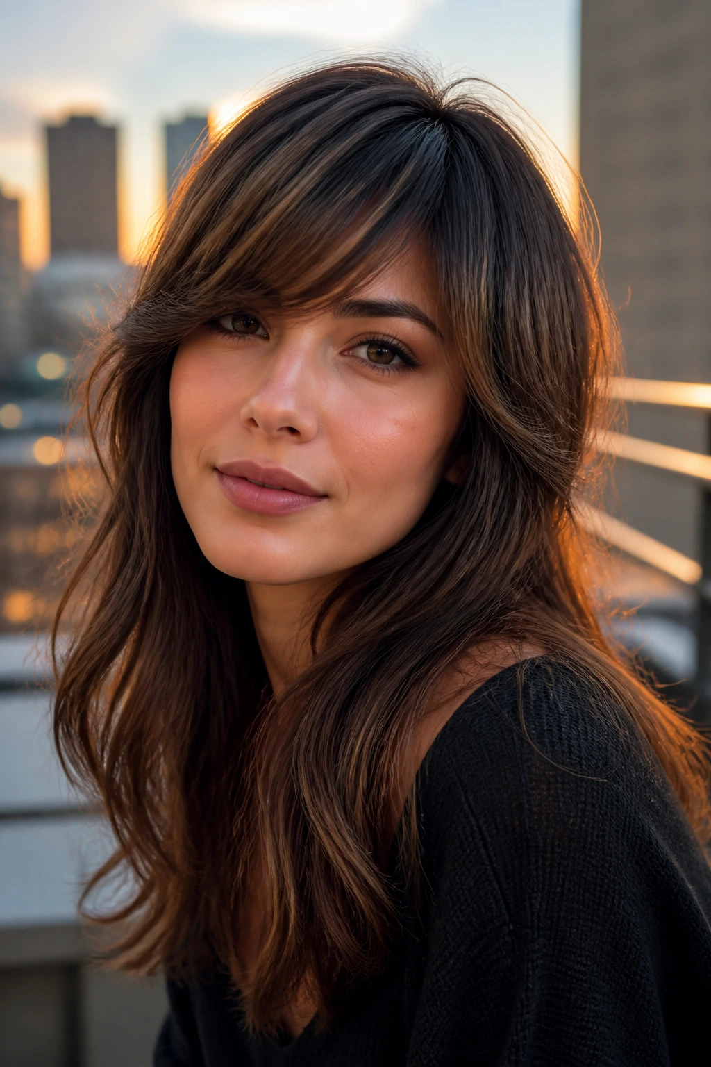 Close-up portrait of a real woman with bronze smoke hair and side-swept bangs