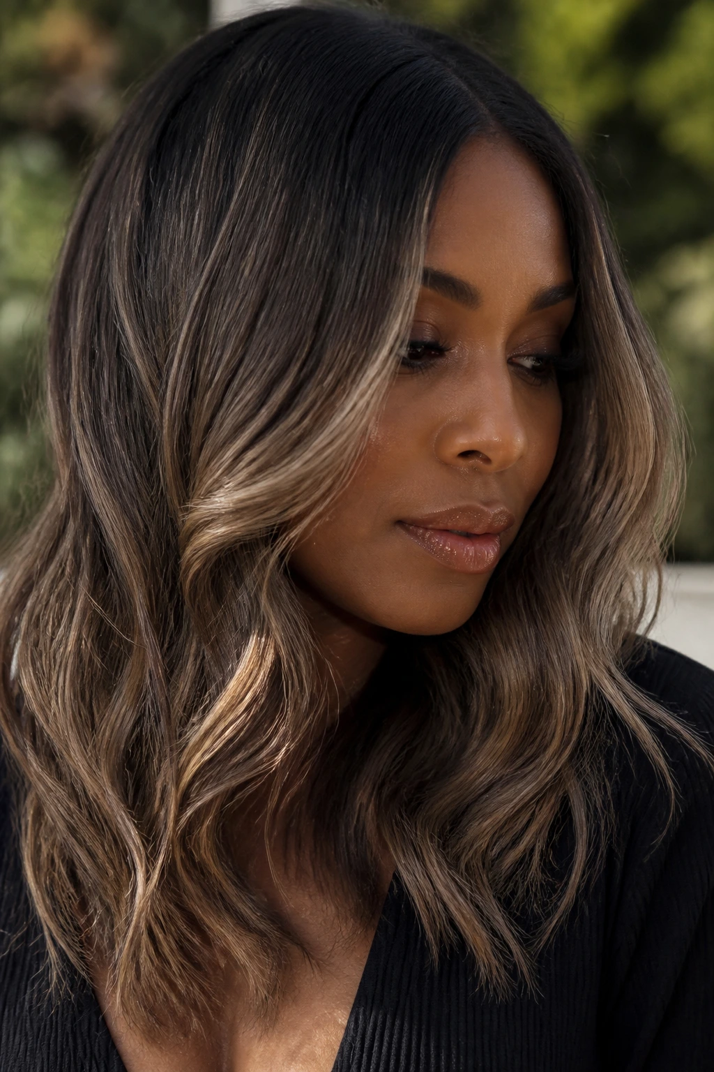 Loose waves with bronze-smoke tones on deep-skinned person