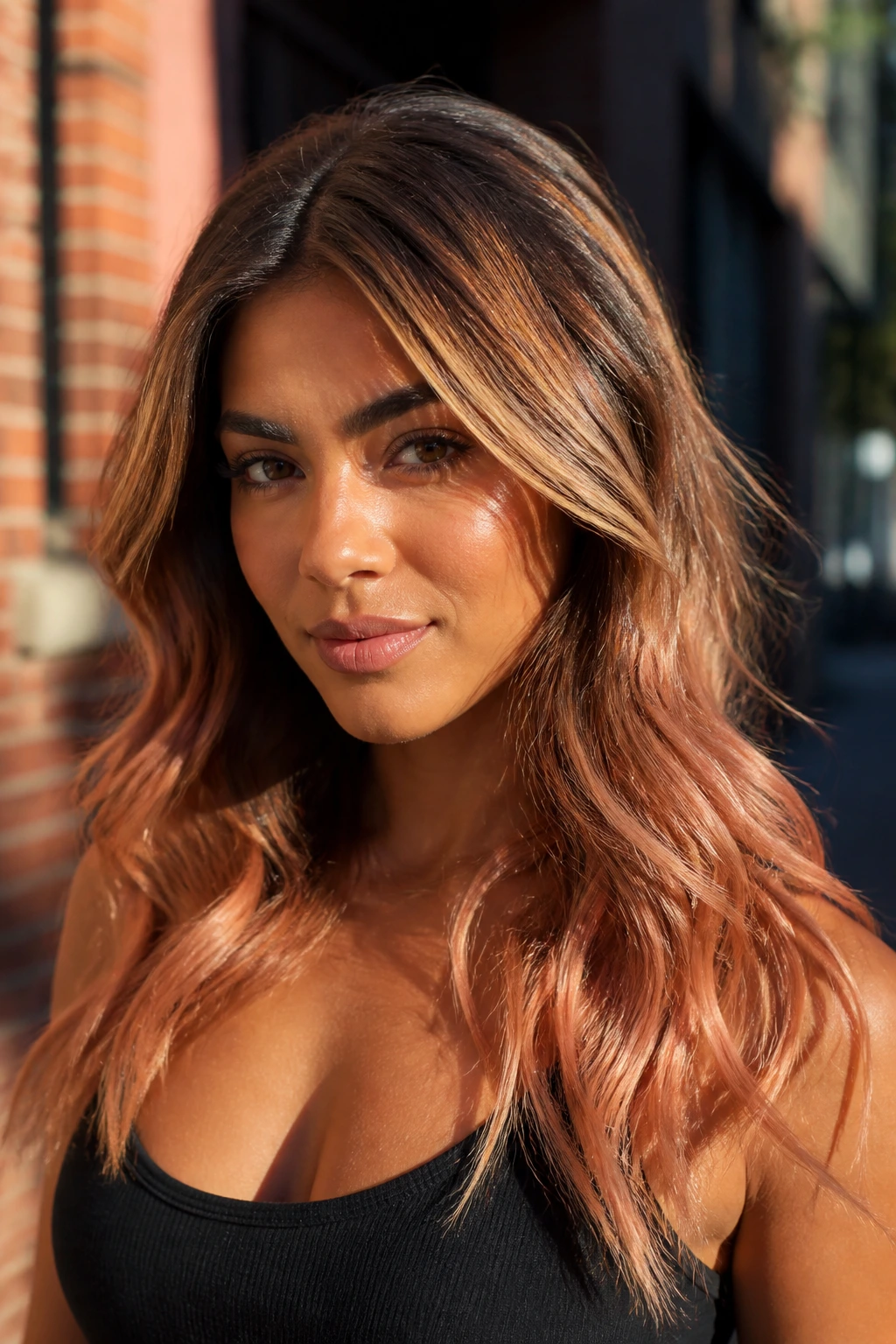 Close-up of a real woman with bronze to strawberry gradient hair and tan skin