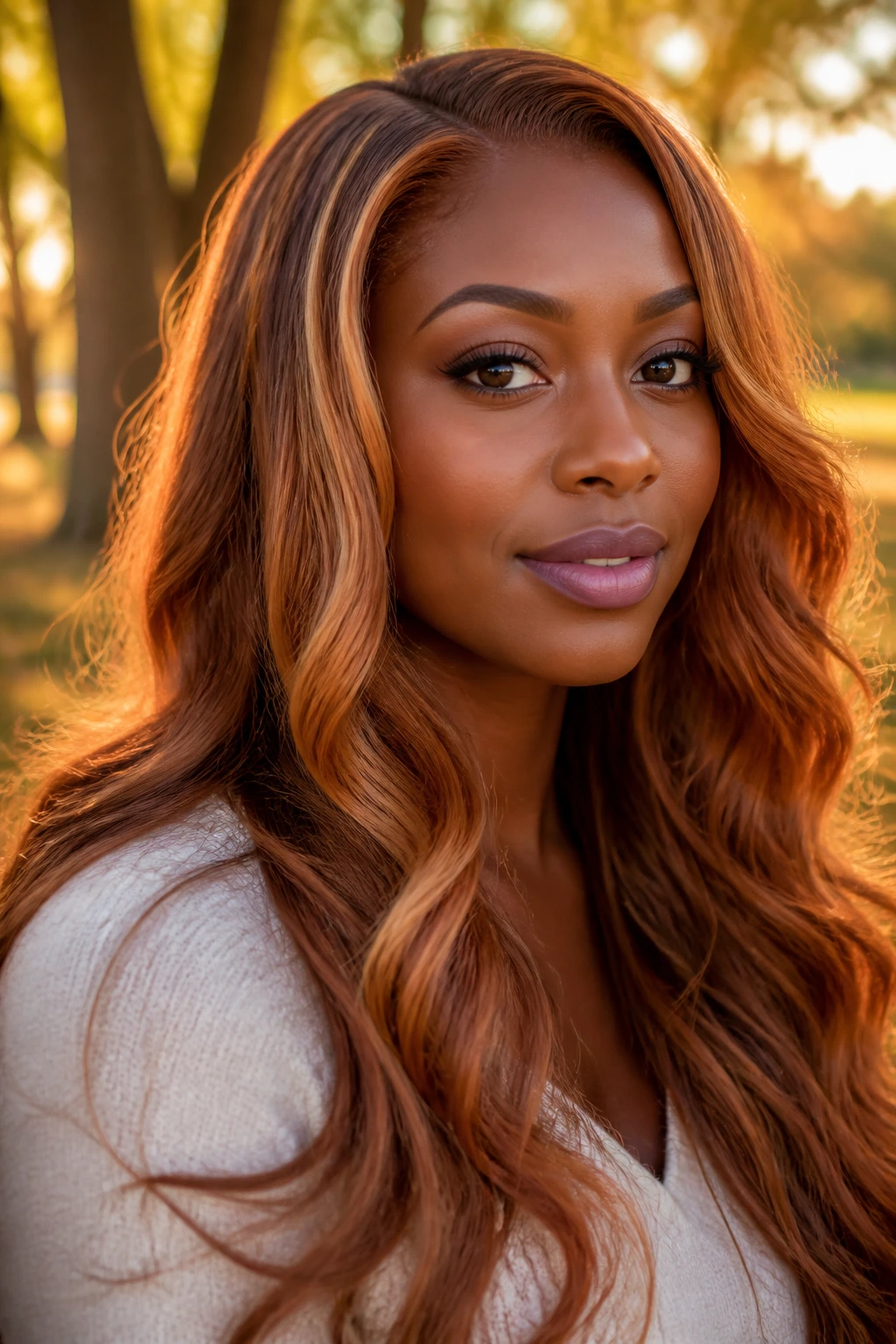 Portrait of a real woman with bronze strawberry waves and deep skin tone.