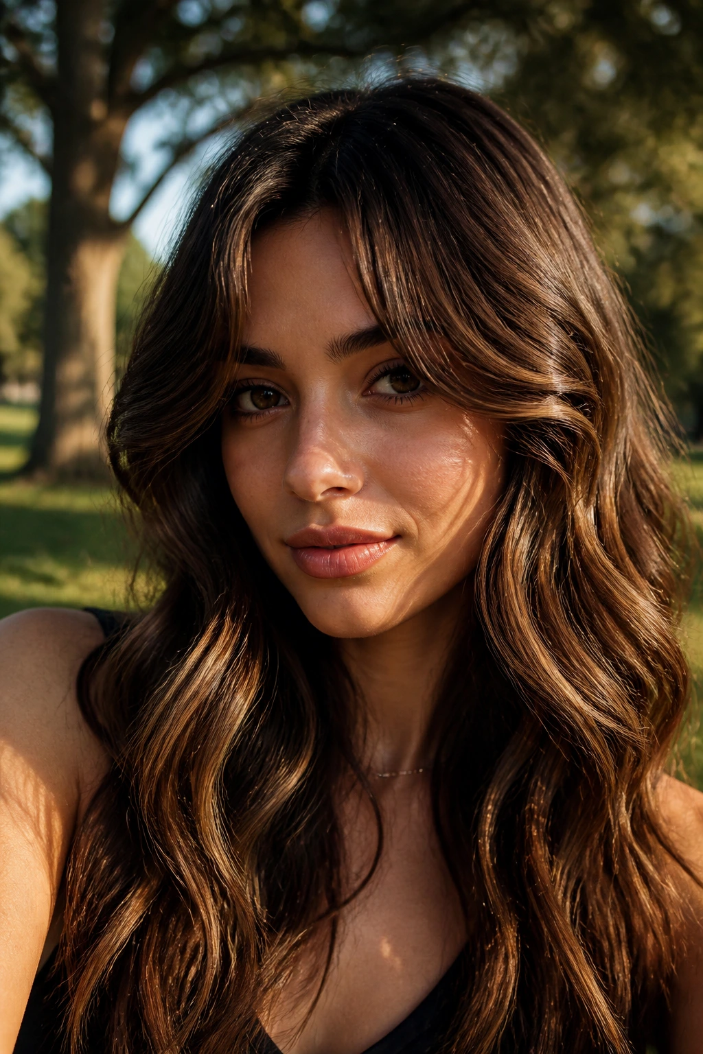 Close-up of a real woman with bronze streaks in wavy dark hair in outdoor sunlight