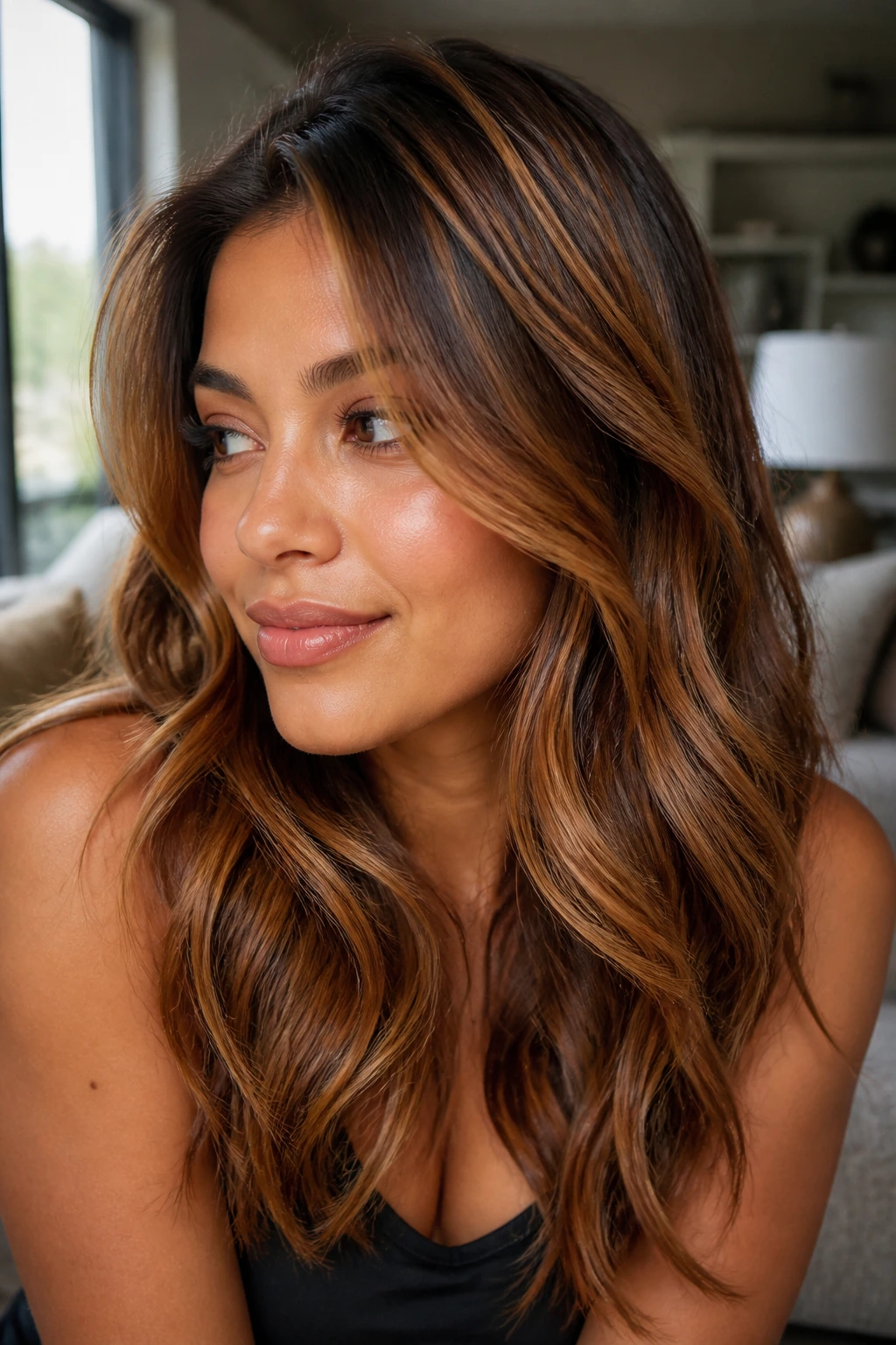 Close-up portrait of a real woman with bronze teasy lights and root blur on medium-brown hair in warm window light.