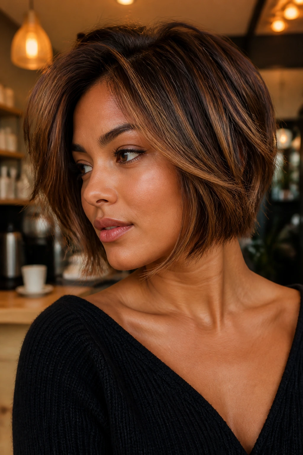 Close-up of a real woman with bronze textured bob and warm bronze tones.