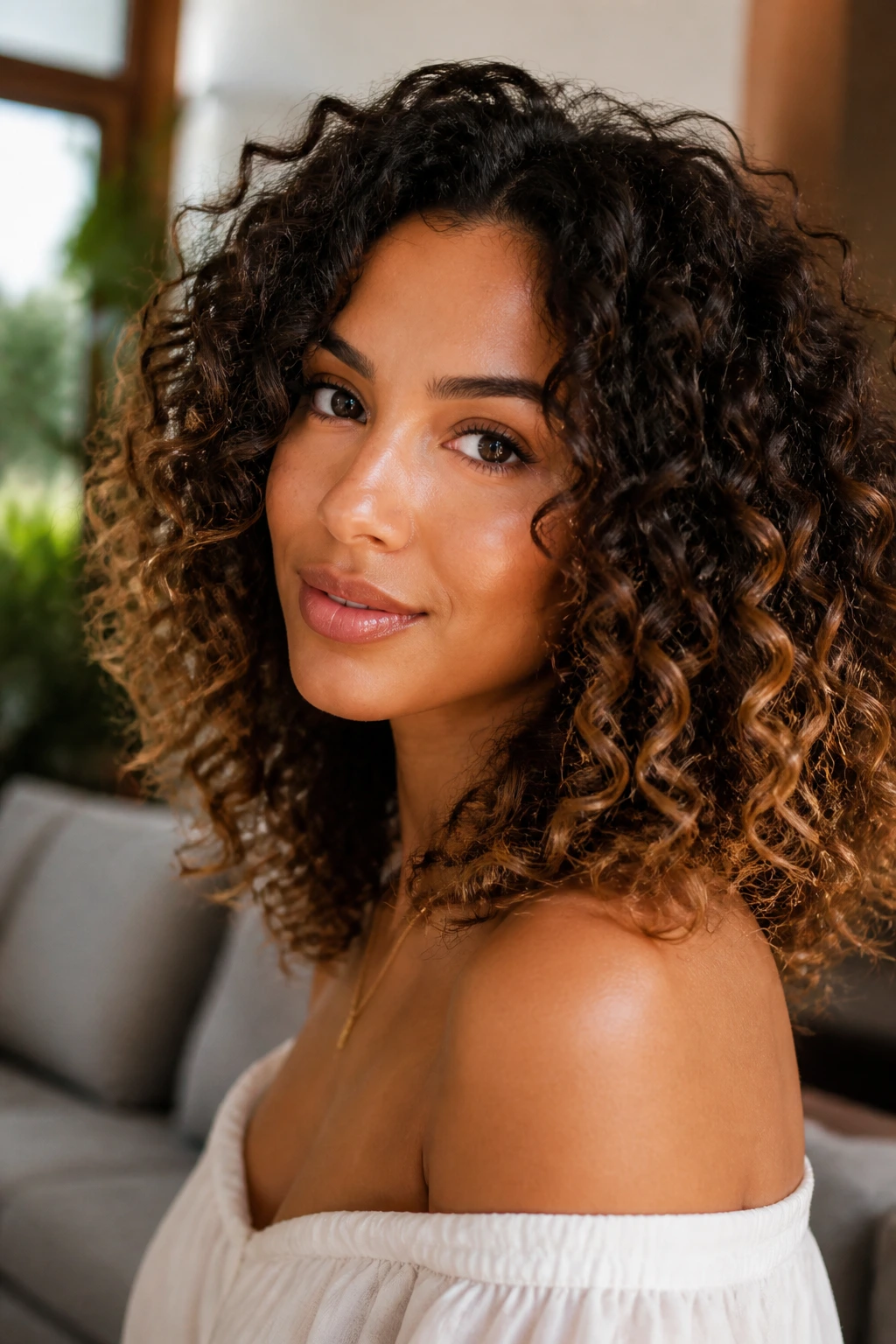 Close-up of bronze-tipped curls on olive-skinned woman