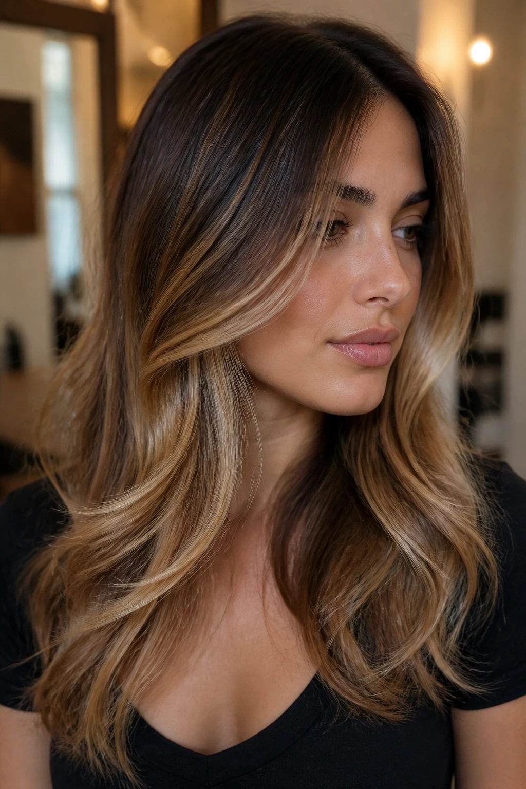 Close-up of a real woman's hair showing bronze-to-bronde melt with invisible layers
