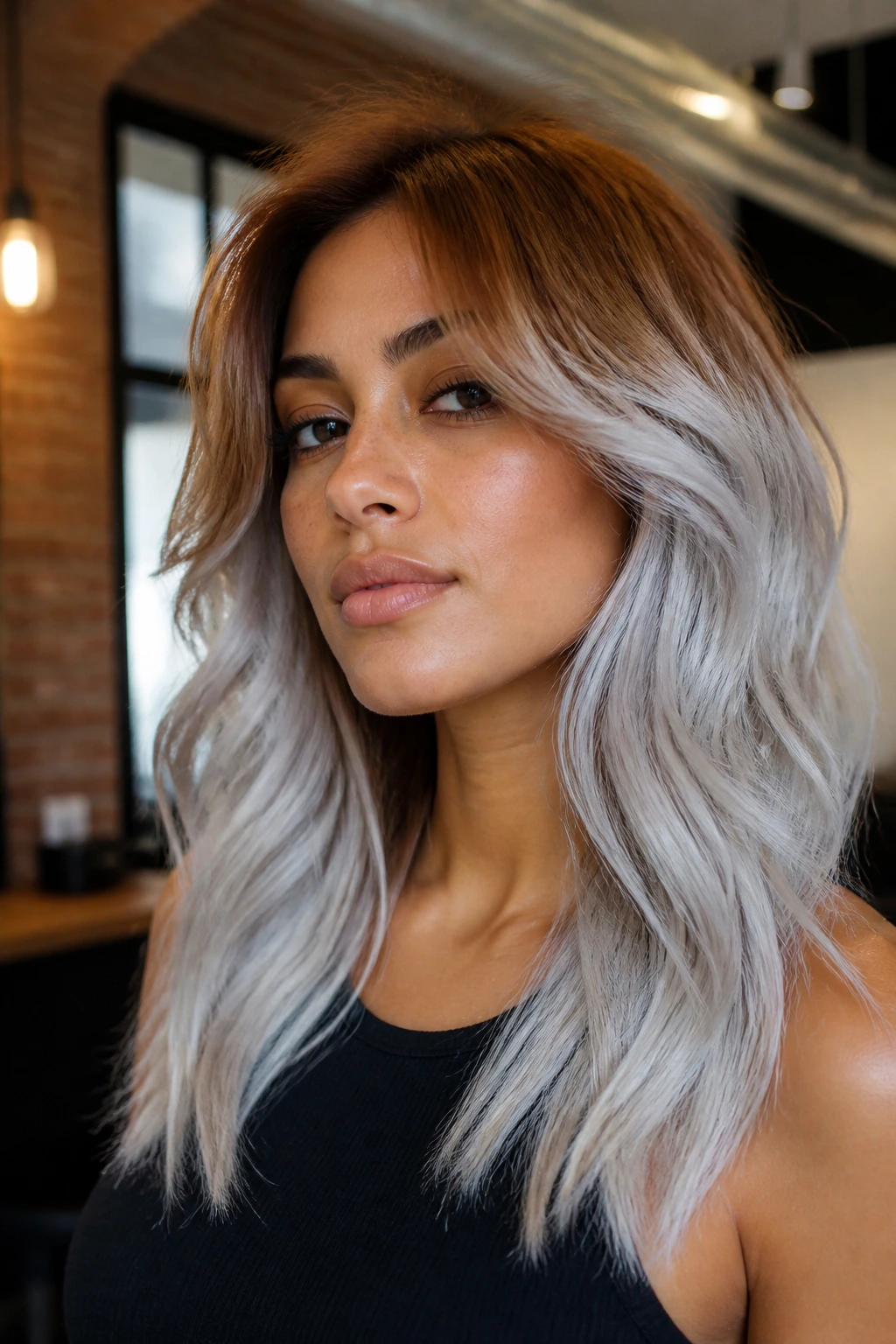 Close-up of color-blocked bronze-to-silver hair on olive skin.