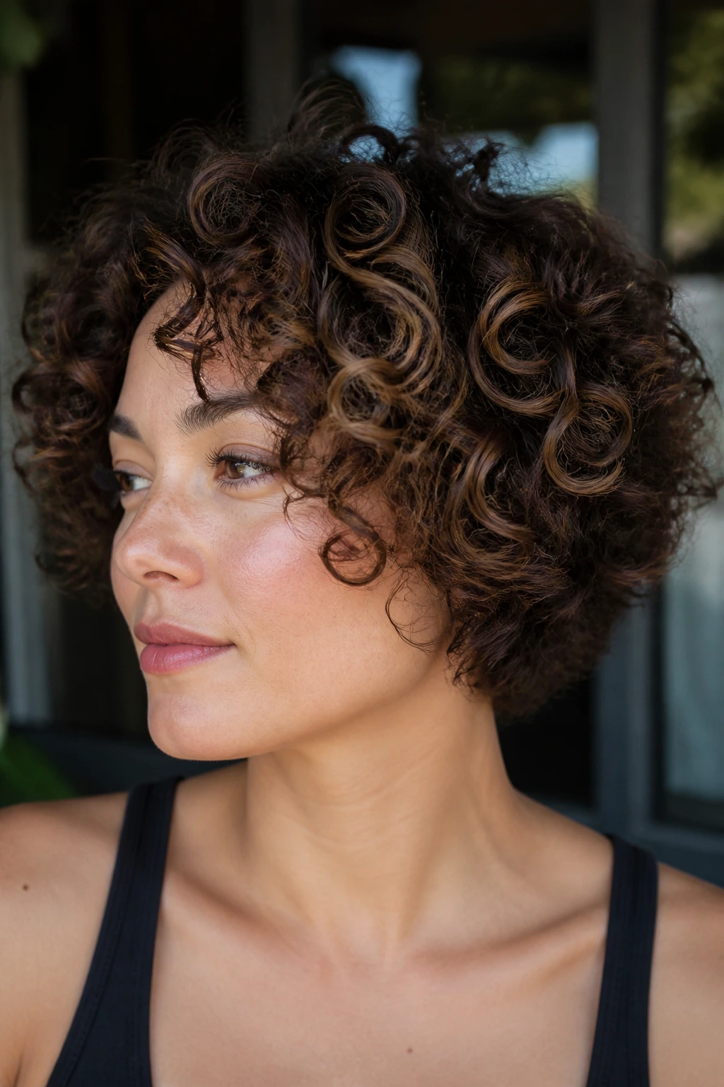 Portrait of a real person with curly bronze variations and gradient tones.