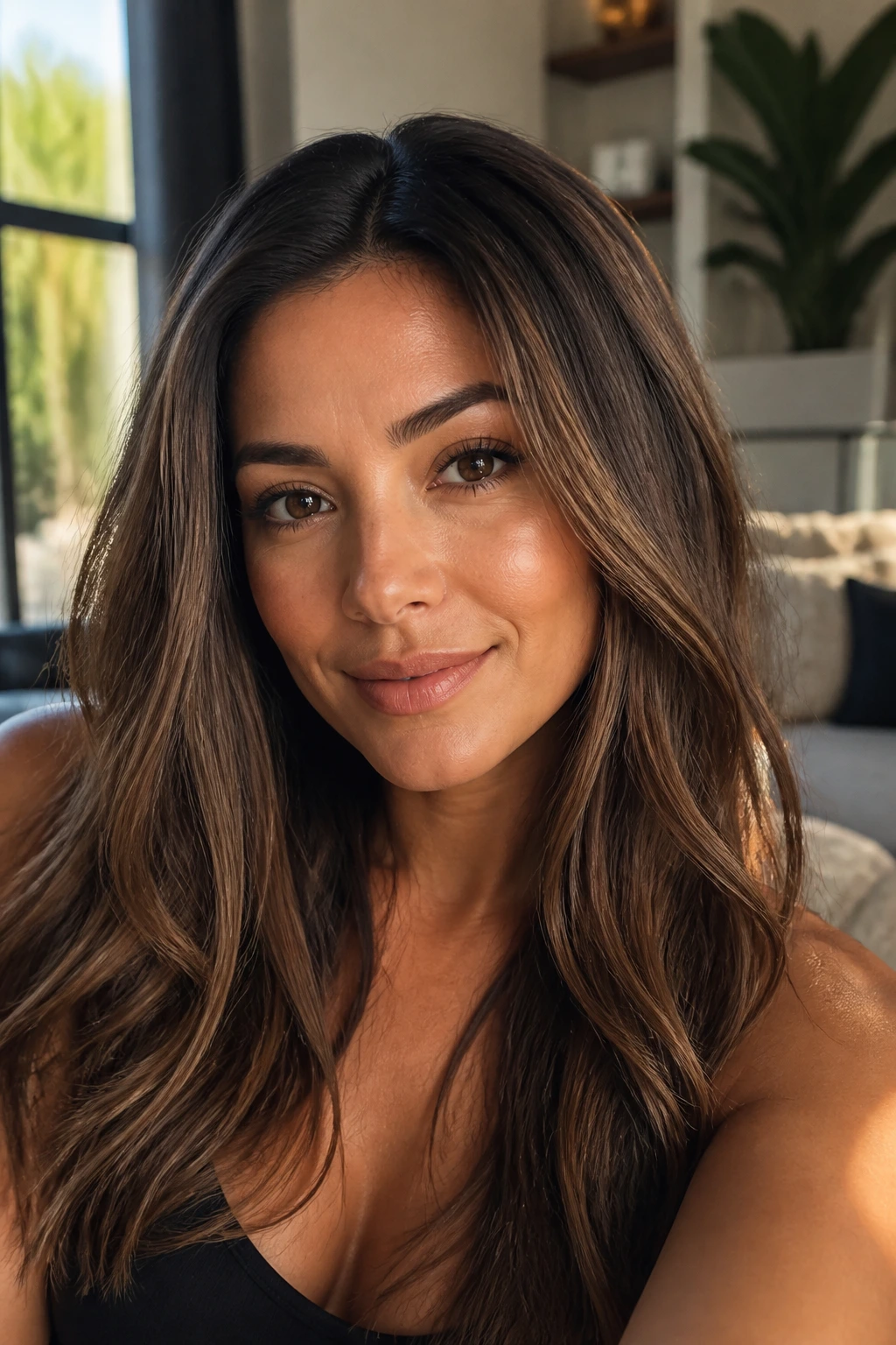 Brunette with bronze veil highlights in soft natural light