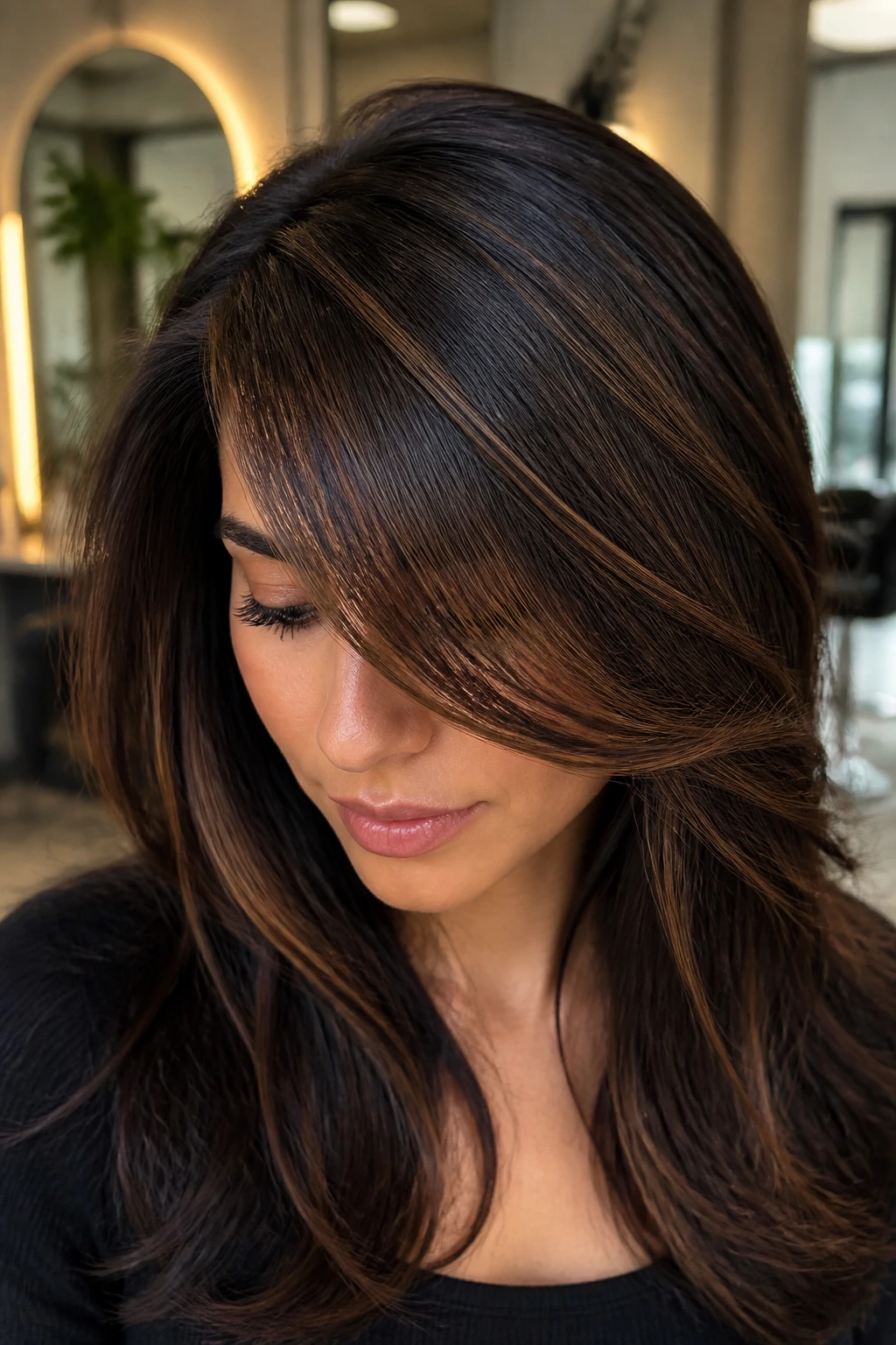 Close-up of a real woman with bronze veil highlights and side-swept bangs in dark hair.