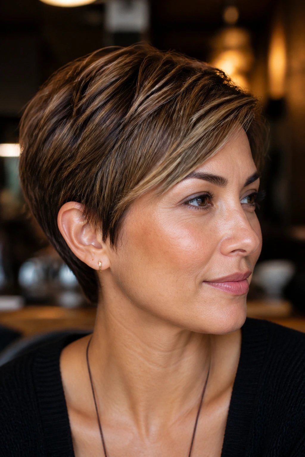 Portrait of a woman with bronze veil highlights in a pixie cut