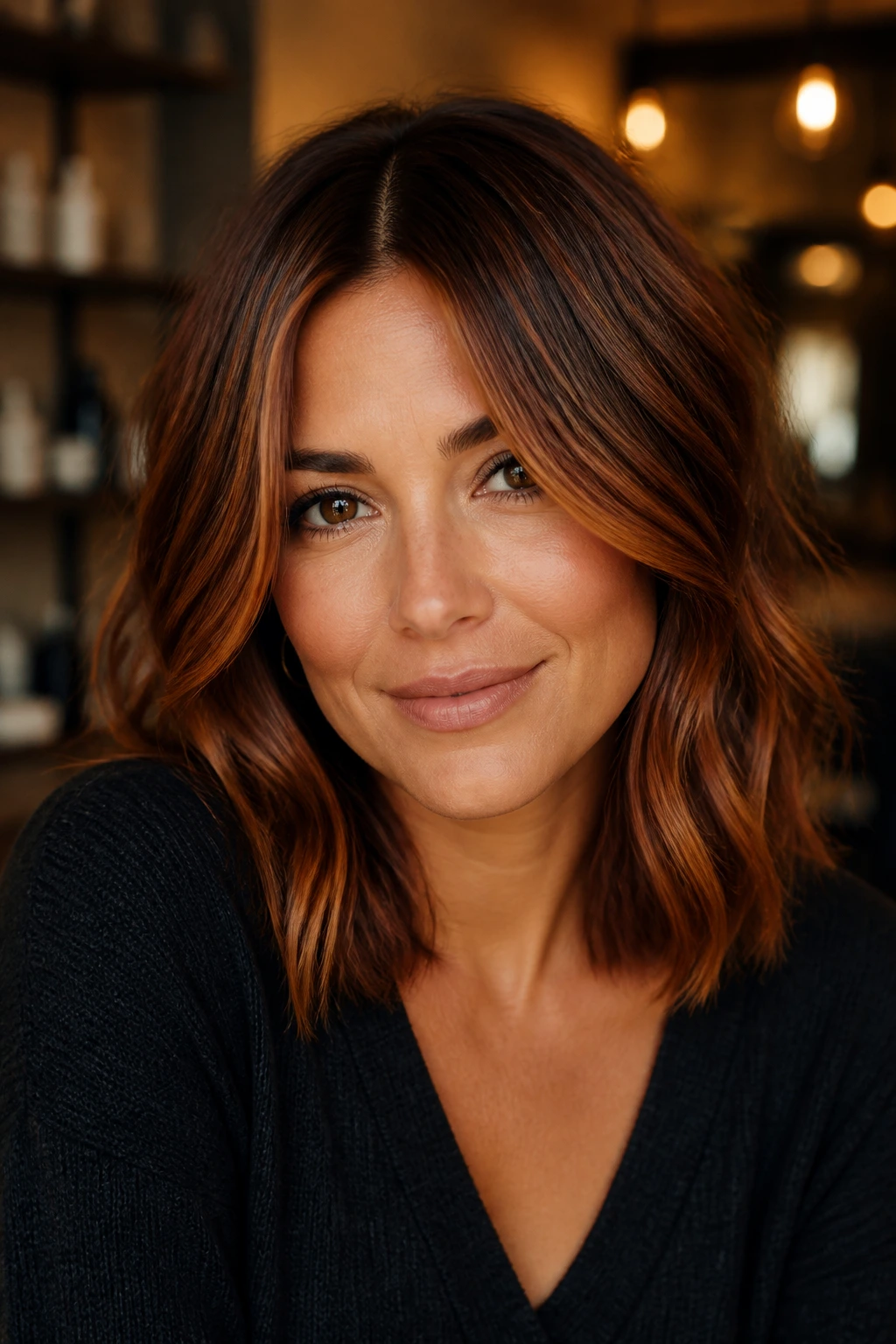 Close-up portrait of a real woman with bronzed auburn framing her face in warm side light