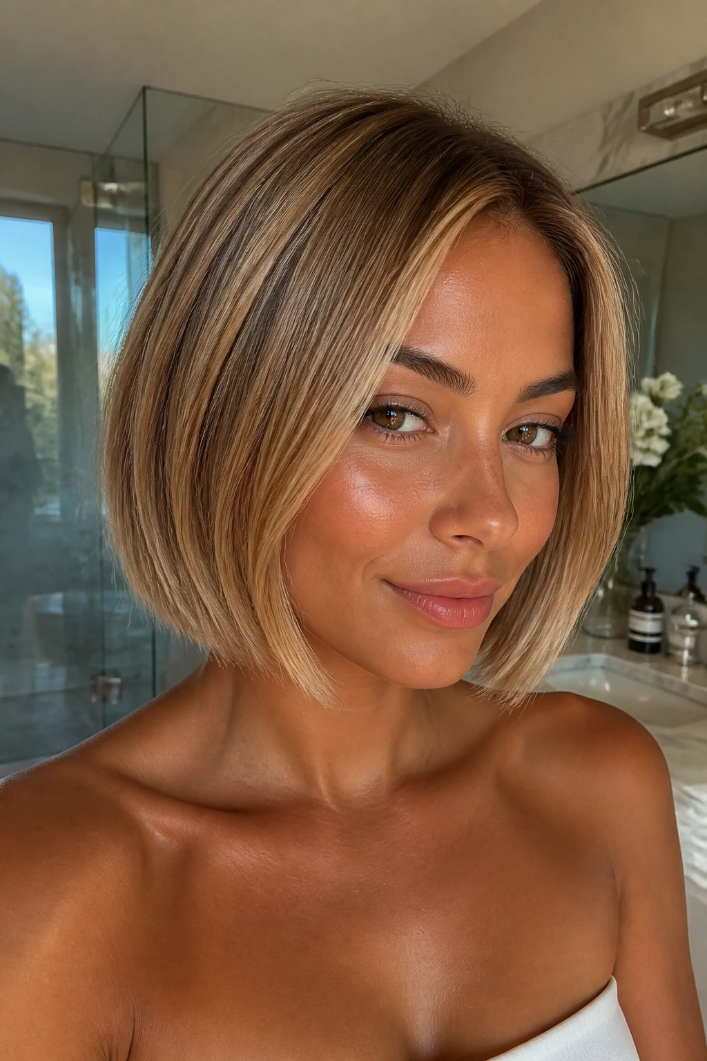 Close-up of a real person with a bronzed beige blonde bob and front/crown highlights in natural daylight.