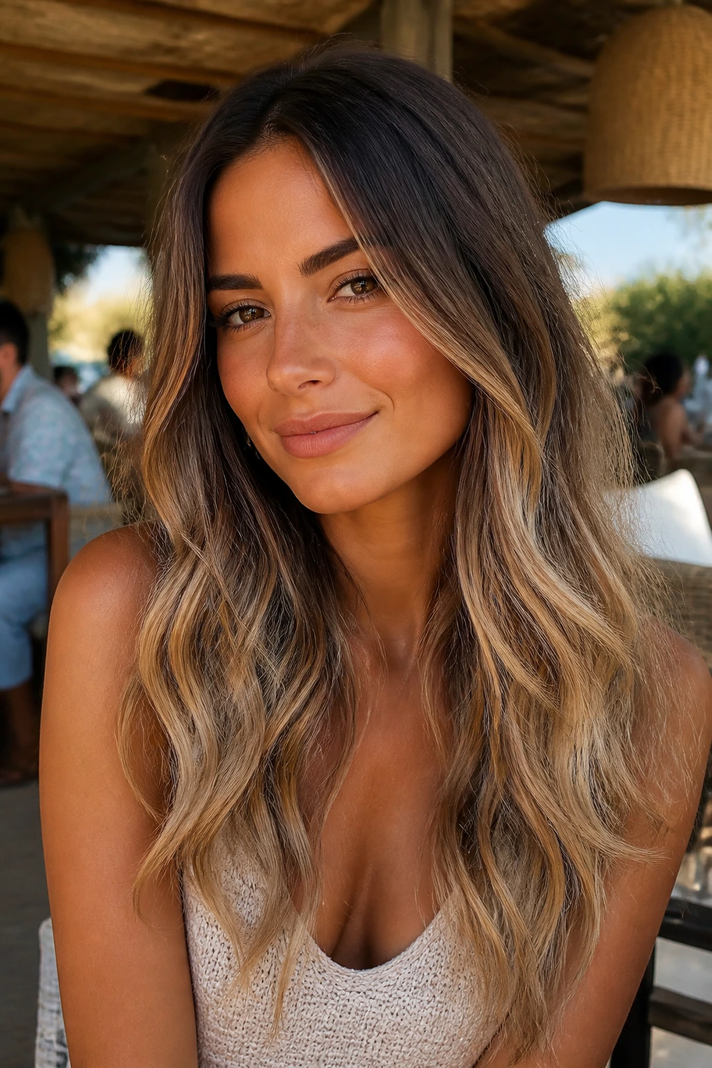 Close-up portrait of a woman with bronzed beige ombre hair and a root-to-end gradient.