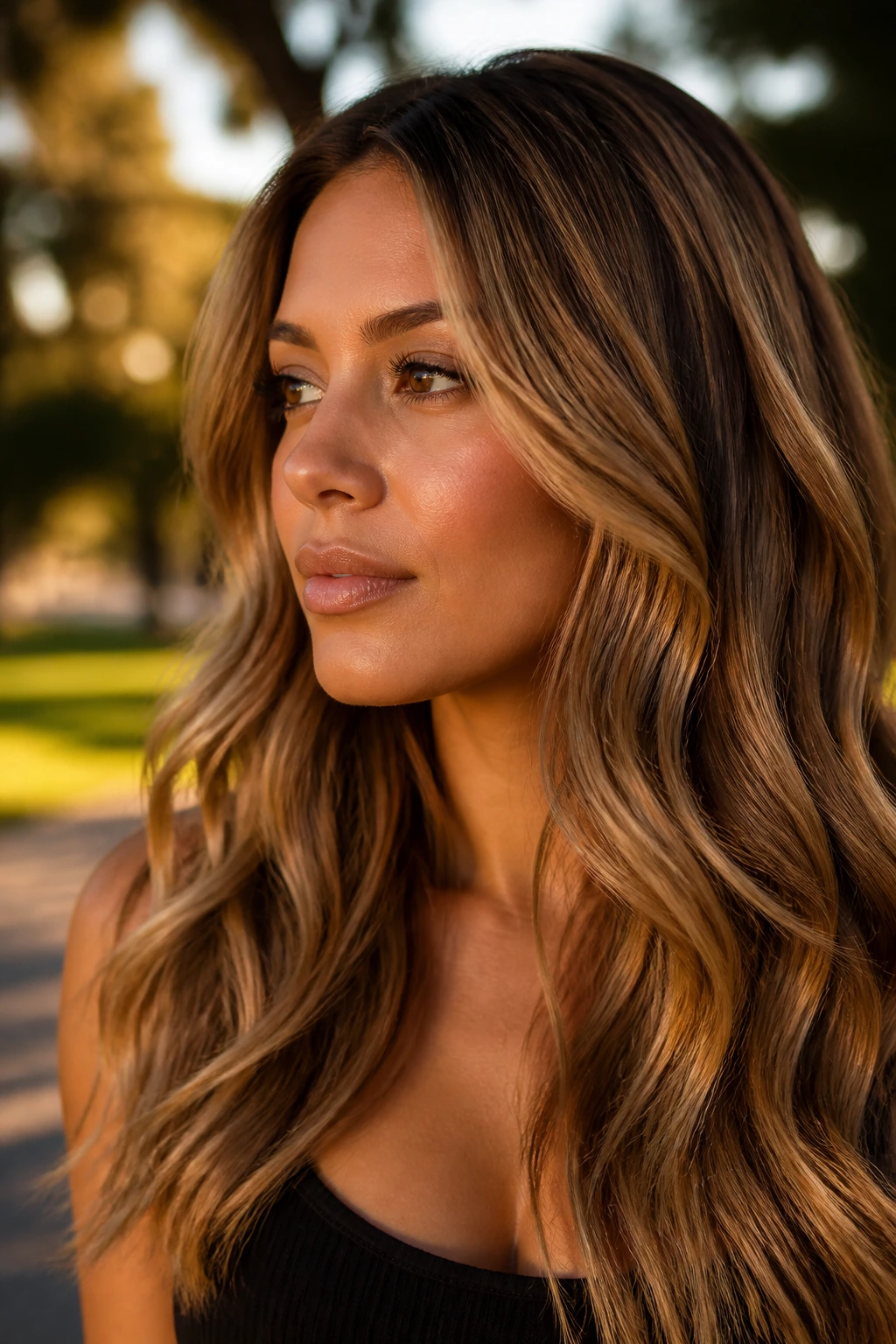 Close-up portrait of a real woman with bronzed blonde hair in golden hour light.