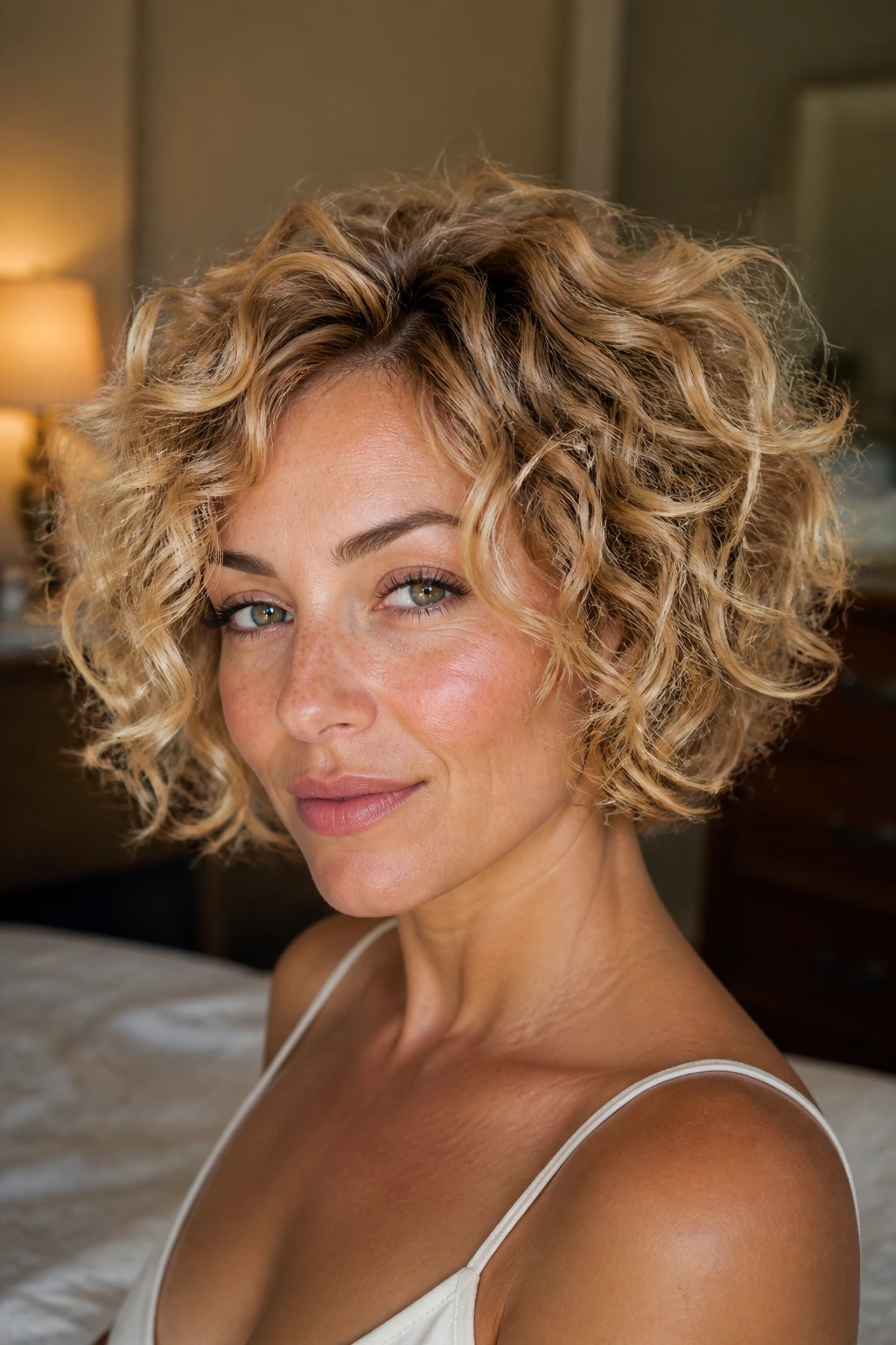 Close-up portrait of a real woman with bronzed blonde curly bob and halo volume