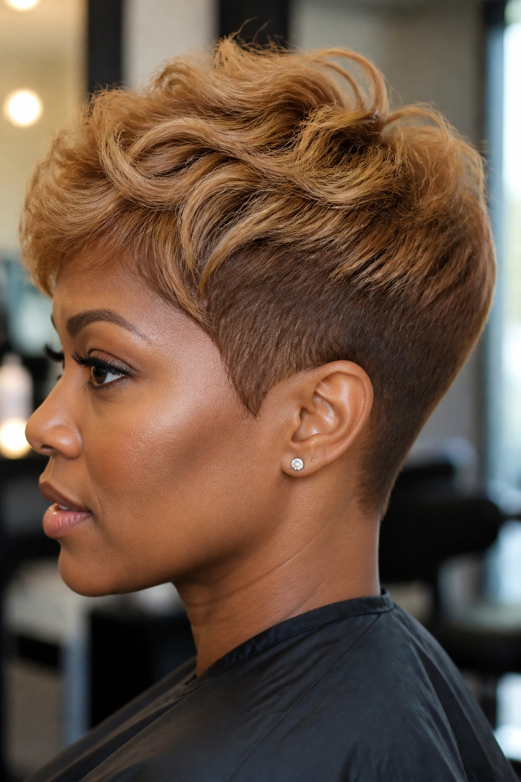 Close-up portrait of a real woman with bronzed blonde tapered cut and bronze highlights.