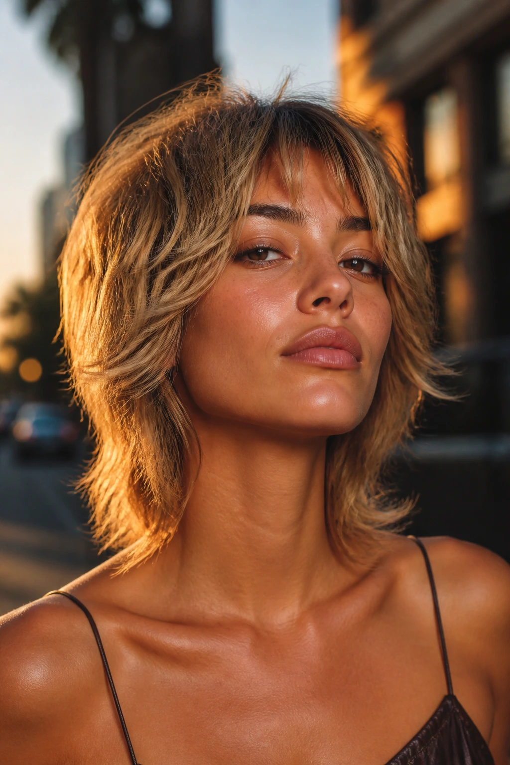 Portrait of real person with bronzed blonde short wolf cut