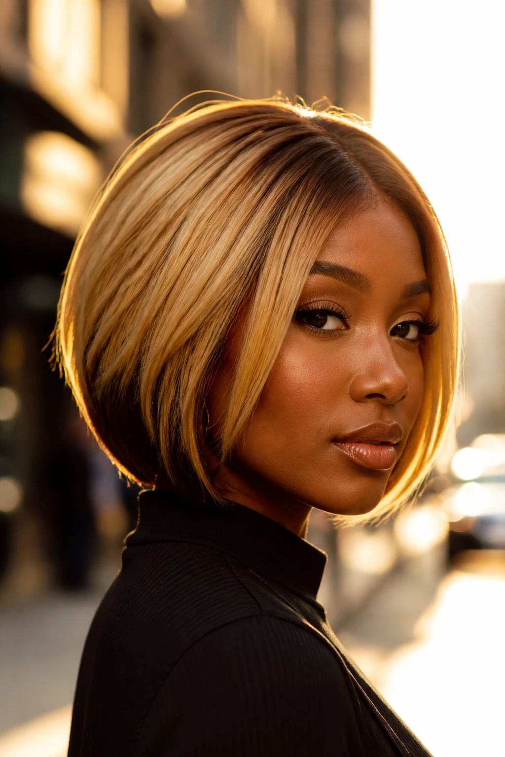 Close-up of bronzed blonde bob with dark underlayers in golden hour street light