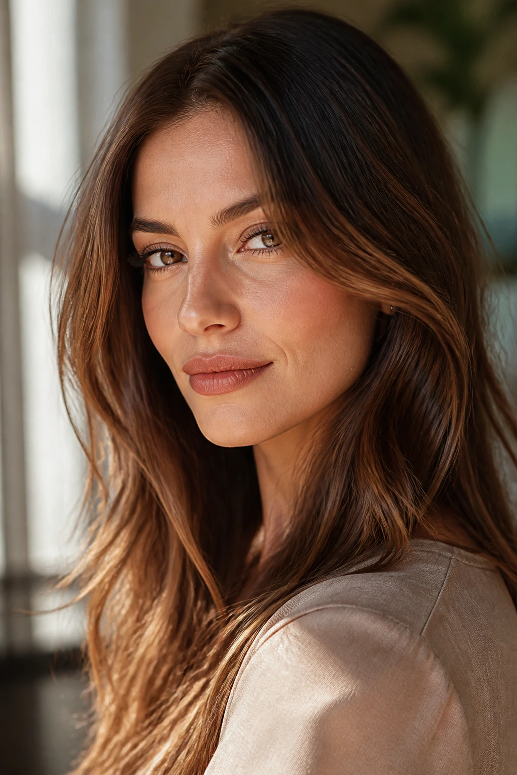 Close-up of bronzed brunette with gold-brown reflections in warm light.