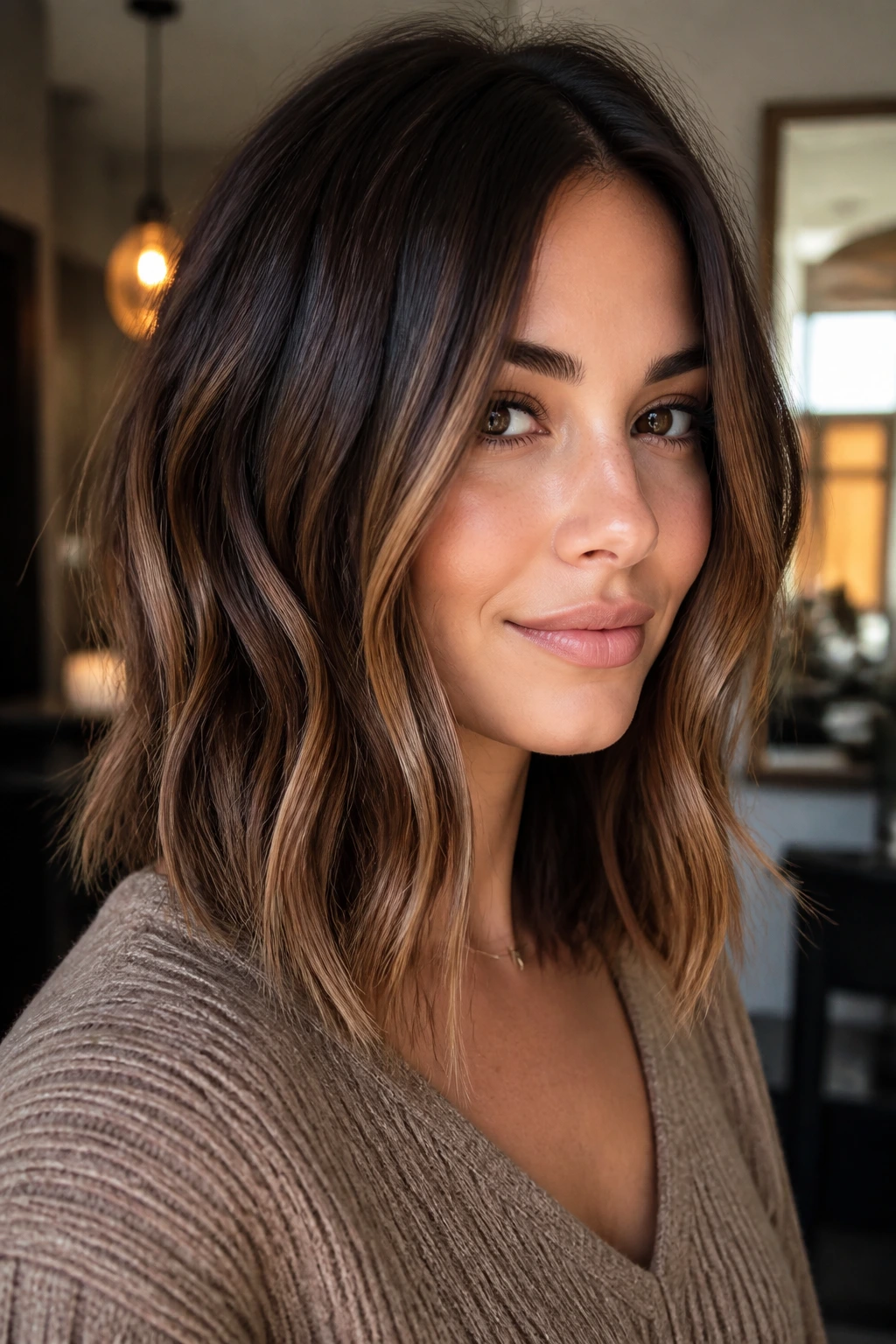 Close-up of shoulder-length lob with bronzed caramel ribbons