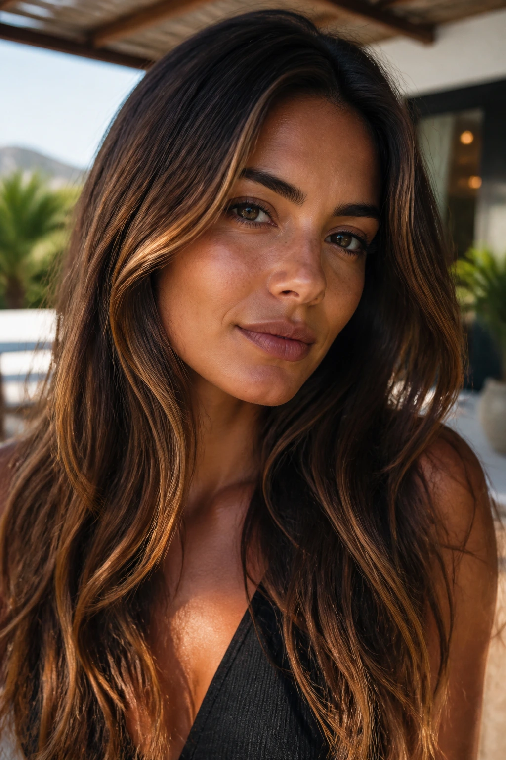 Close-up portrait of a woman with bronzed brunette hair and sun-touched edges in warm outdoor light