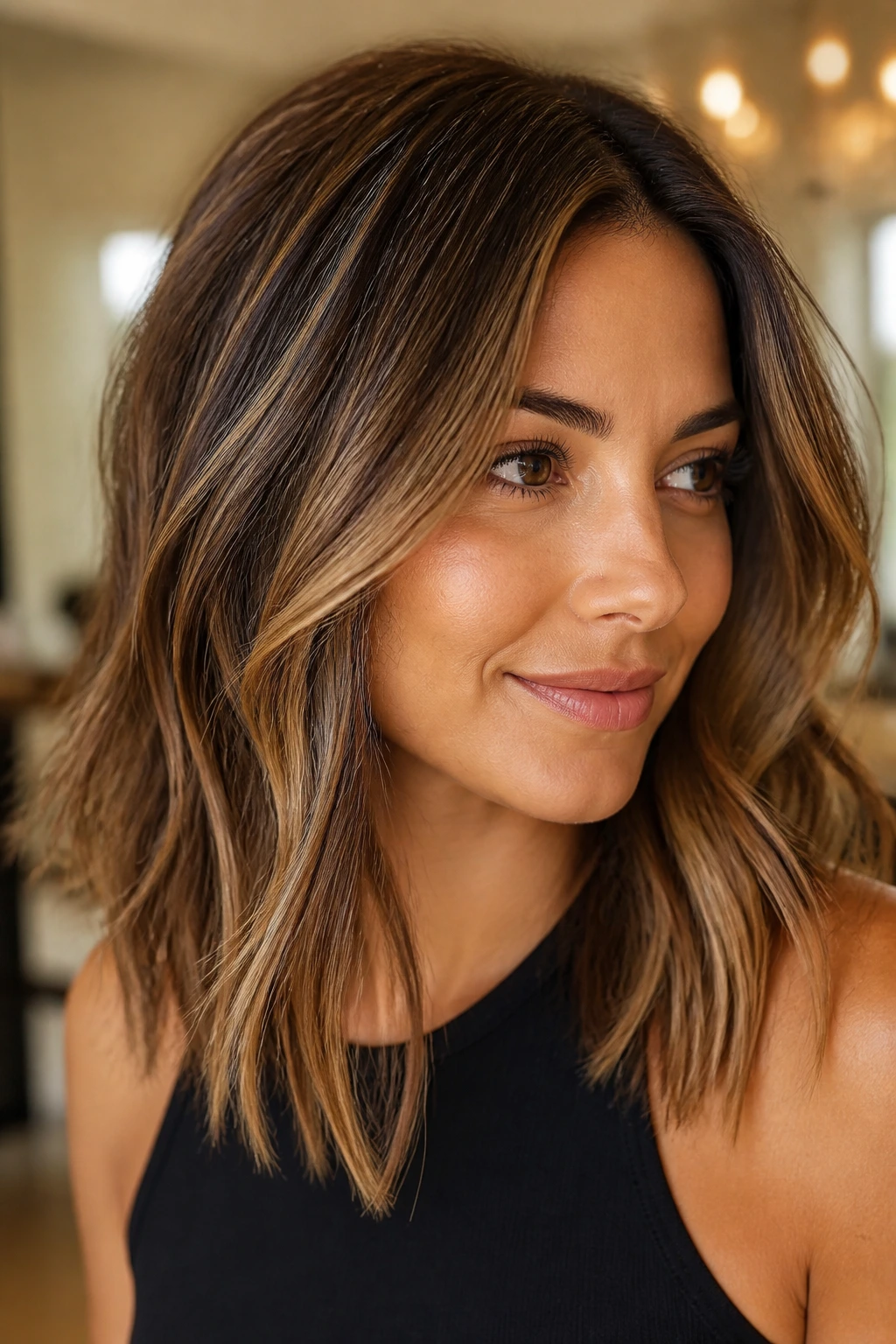Portrait of a real woman with bronzed caramel babylights around the face.