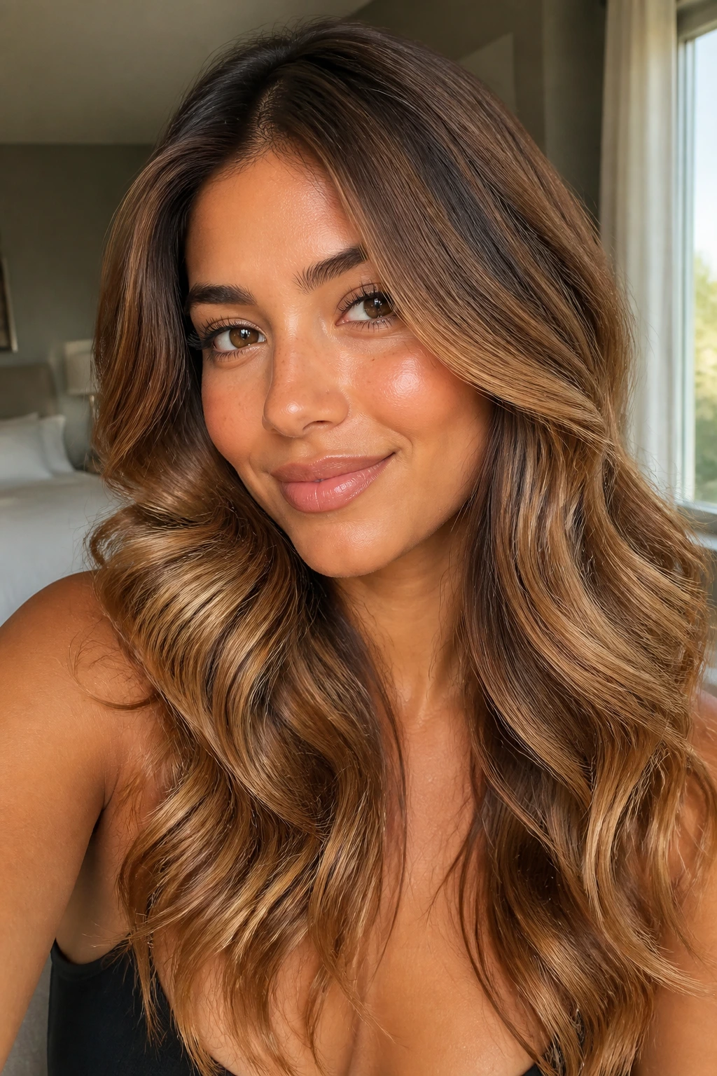 Close-up portrait of a real woman with bronzed caramel waves and a glossy finish in warm window light