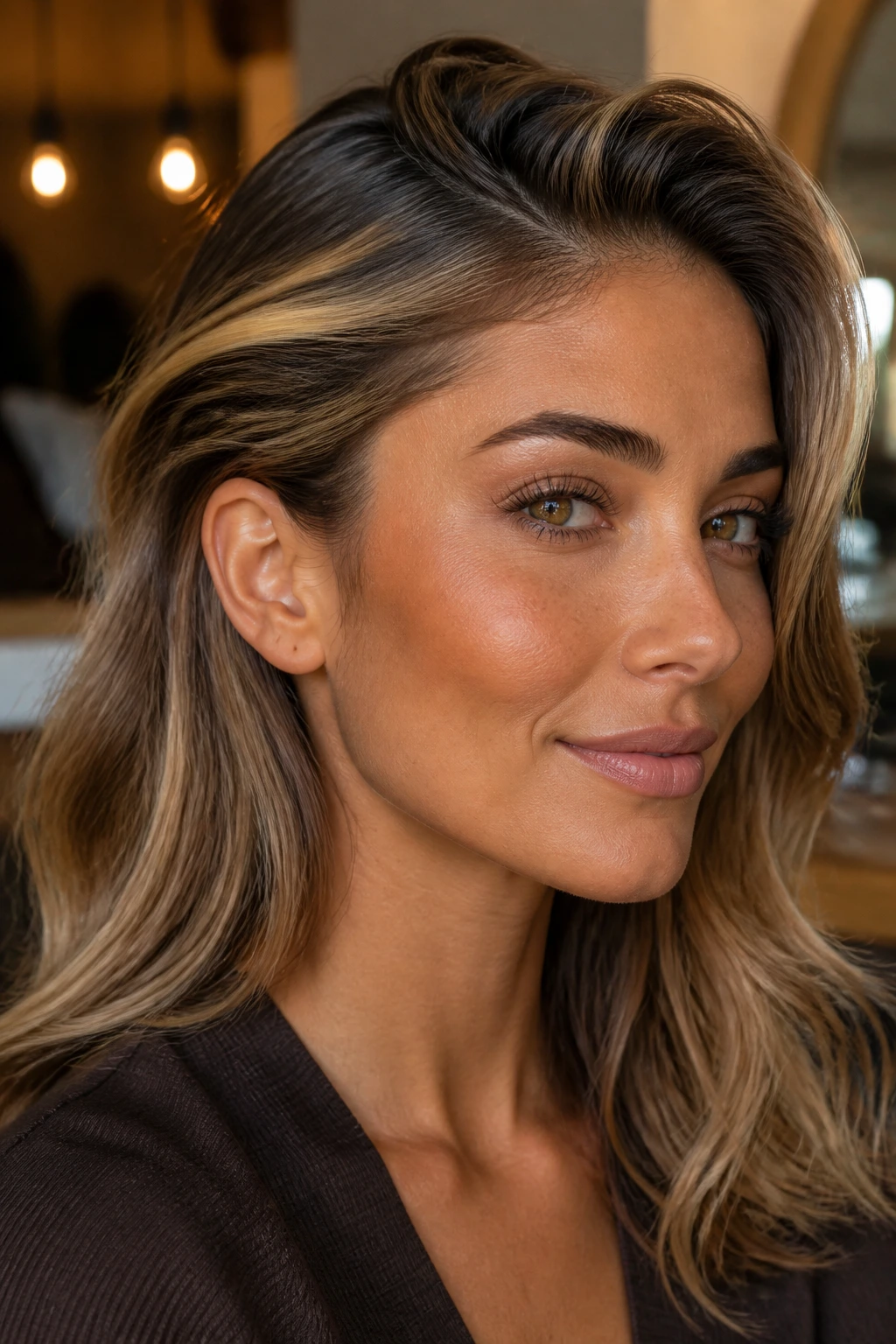 Close-up headshot showing bronzed contour highlights along hairline and temples.