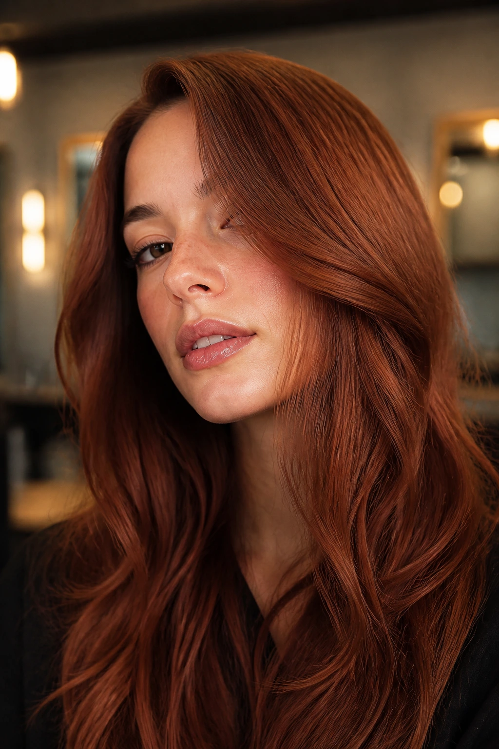 Close-up portrait of a real person with bronzed copper hair