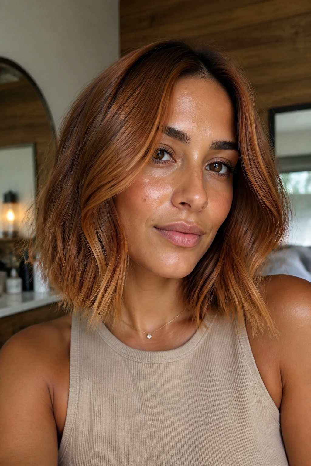Close-up portrait of a bronzed copper lob on a real woman with warm window light