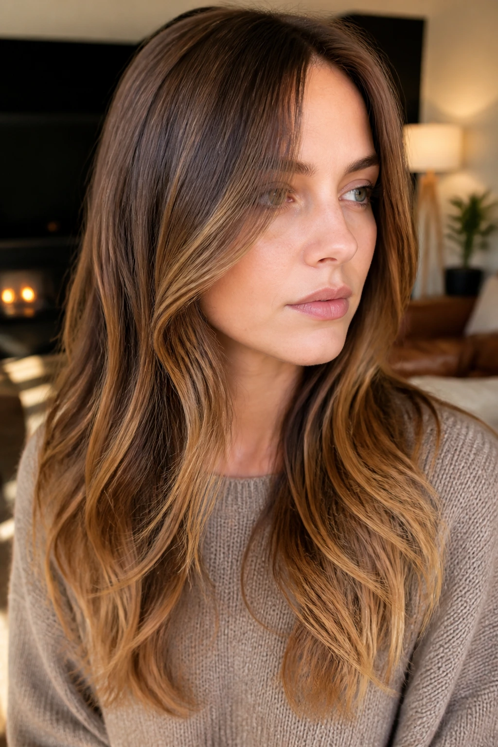 Close-up of long hair with bronzed ends and curtain layers framing the face.