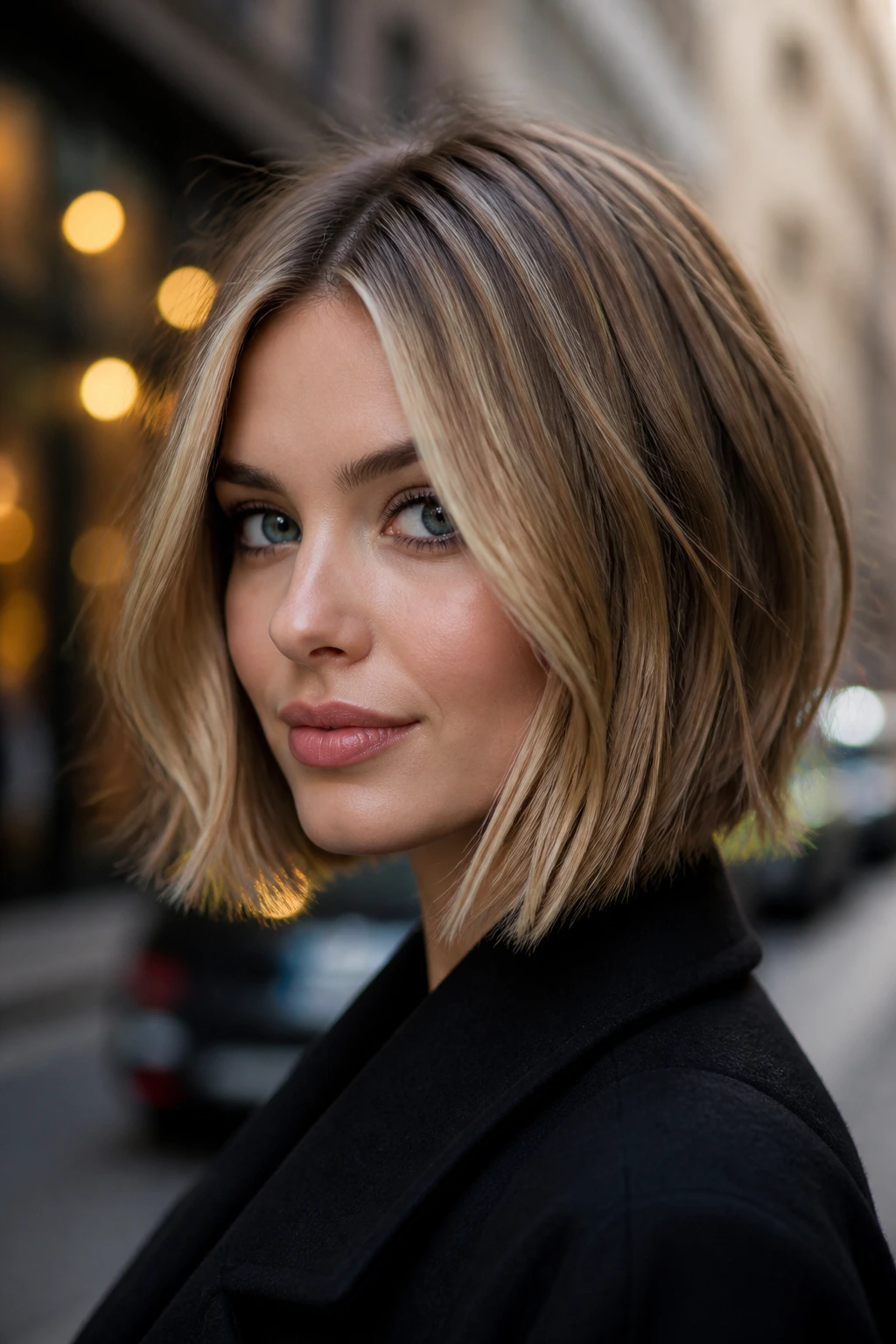 Close-up of a real woman with a bronzed honey bob highlighting the jawline.