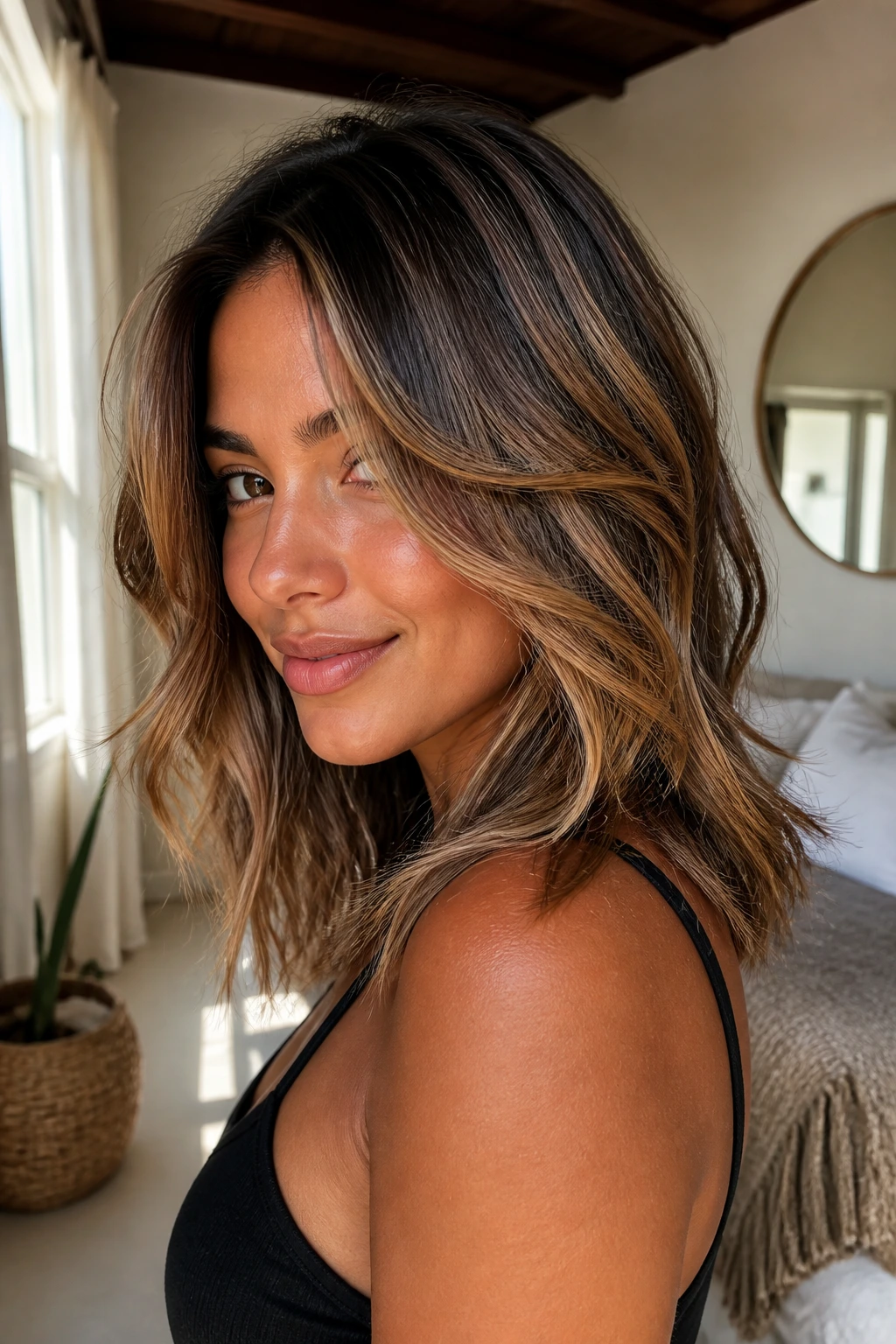 Bronzed layered highlights on a real person with moving hair