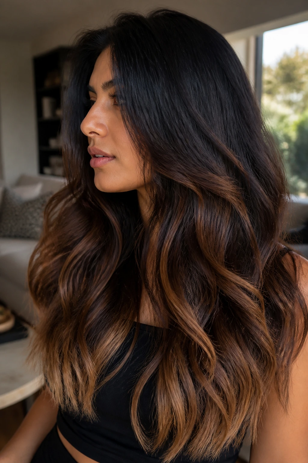 Bronzed ombré on thick hair ends with warm bronze tones