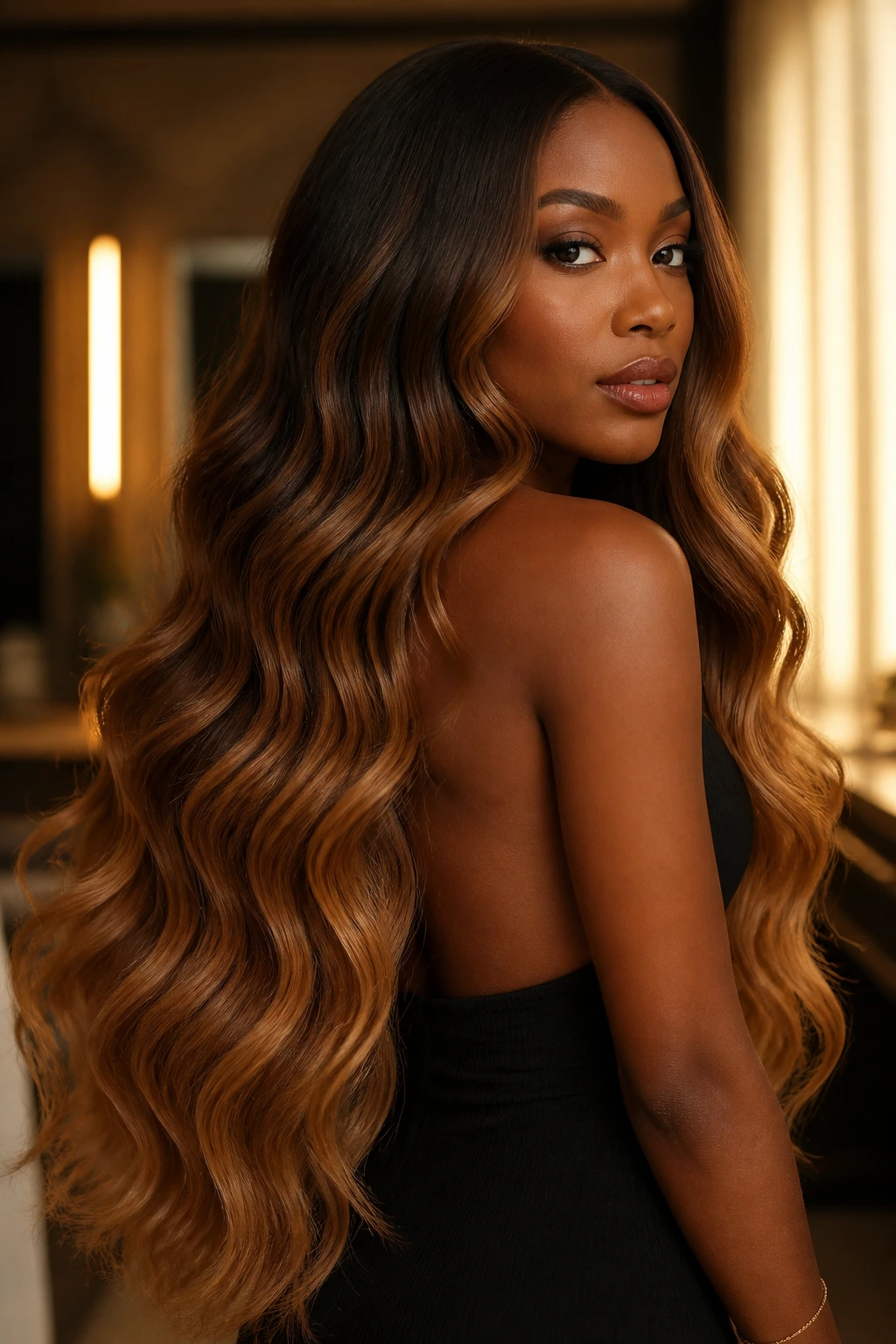 Bronzed ombre on waist-length waves of deep brown hair