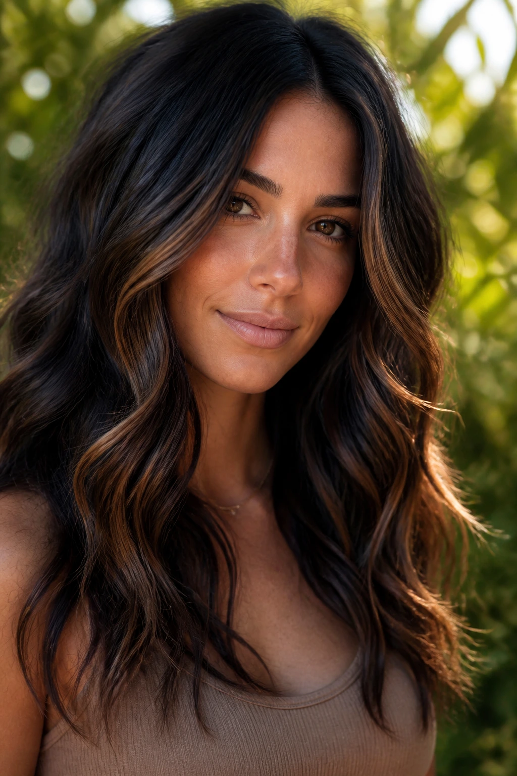 Close-up of a real person with bronze slice highlights in dark wavy hair in sunlight