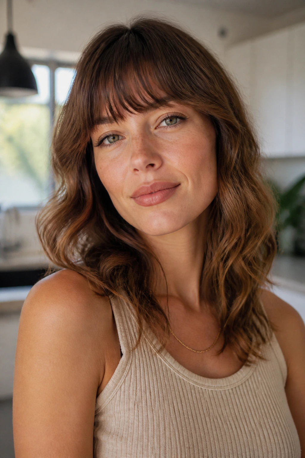 Portrait of a real person with a brow-grazing curved fringe near the brows
