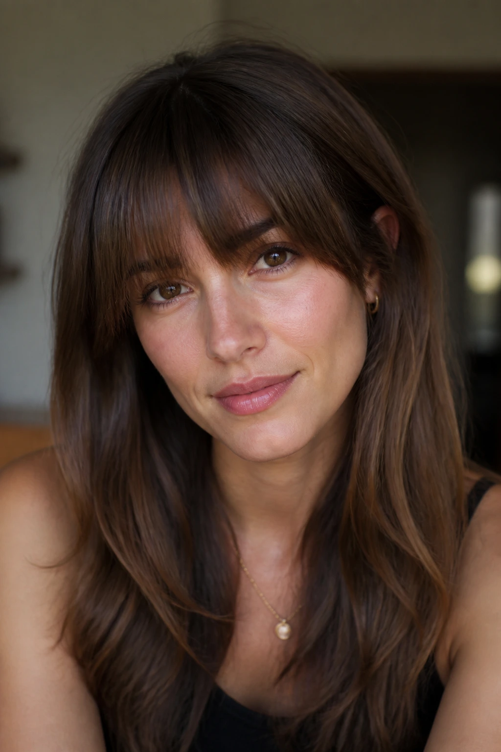 Real woman with brow-grazing bangs around the brows that can be tucked