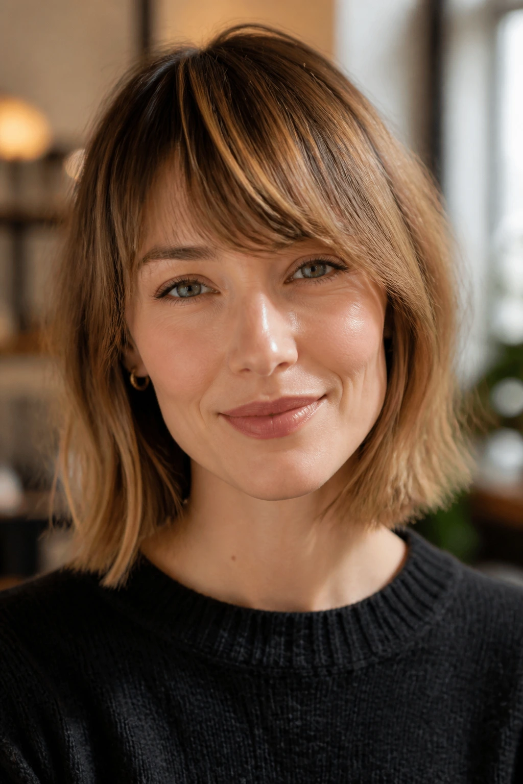Real person with brow-grazing bend bangs that skim the brow