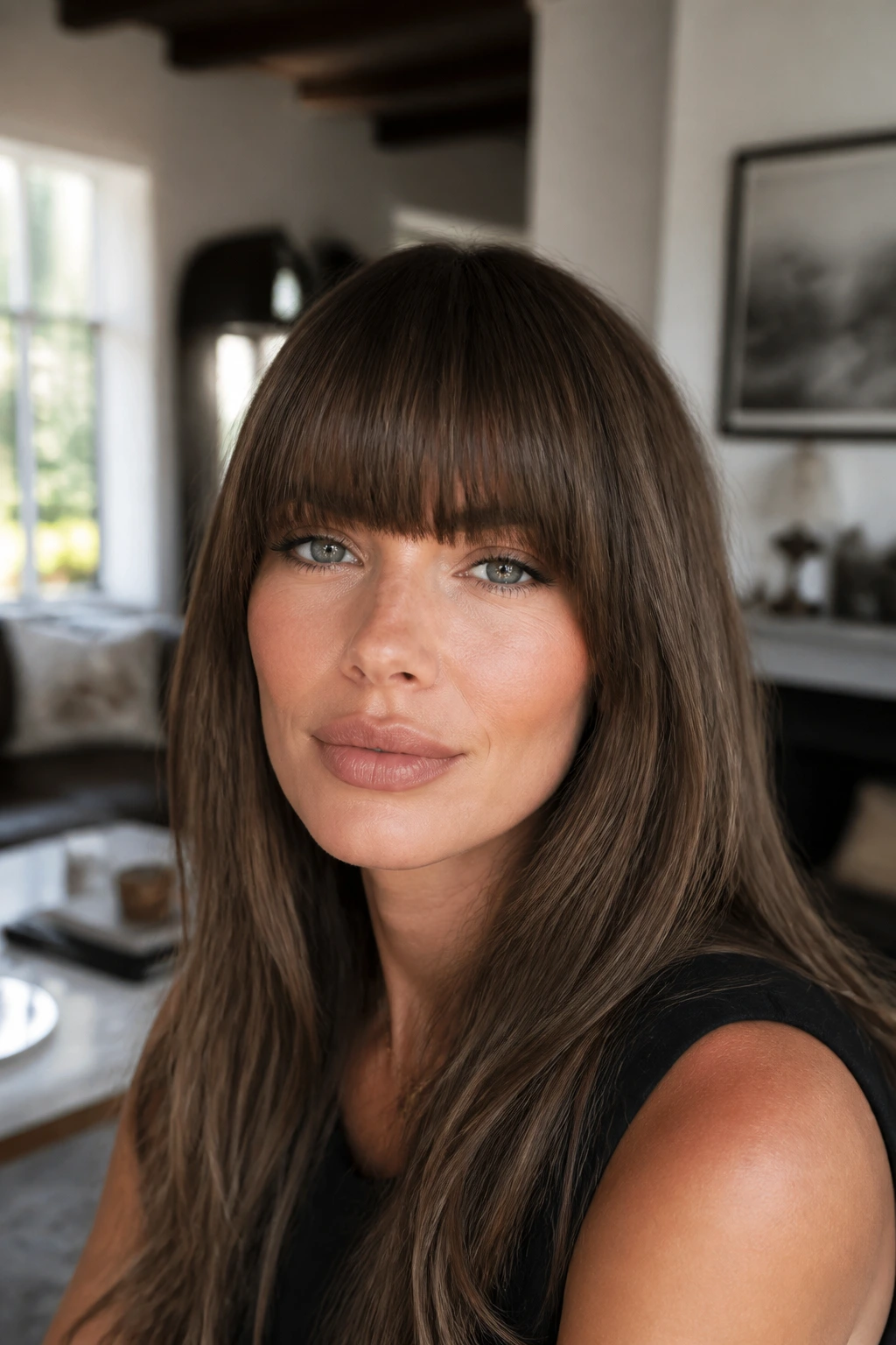 Close-up of a real woman with brow-grazing blunt bangs under natural light