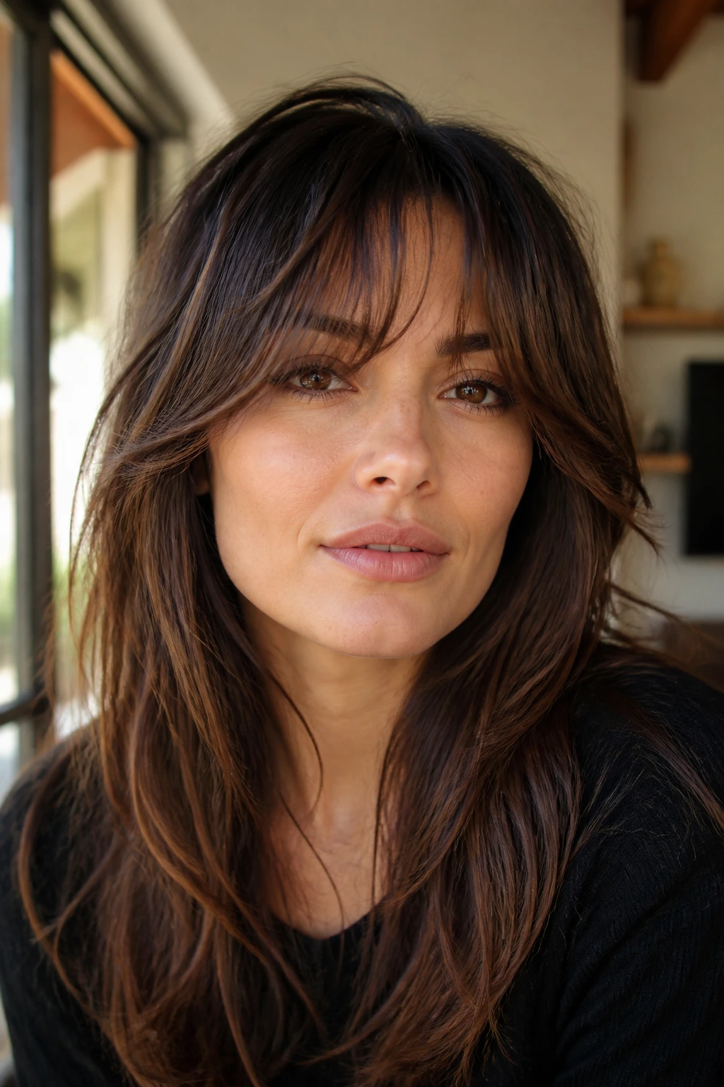 Close-up of real woman with brow-grazing curtain wisps under the brows