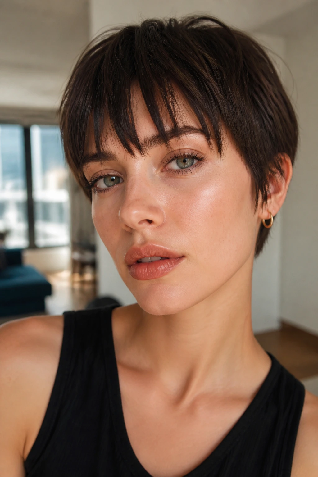 Brow-grazing fringe on blunt crop in soft ambient light